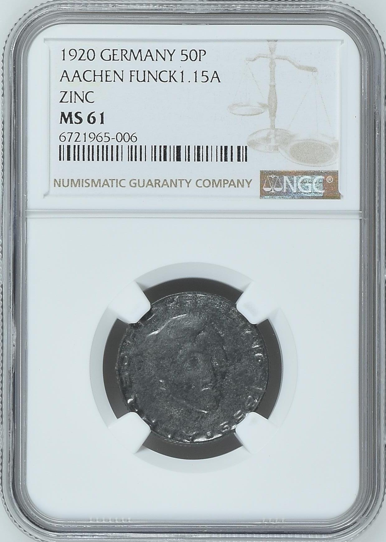 长老汇龙年精选第二十场拍卖 1920 德国德紧50芬尼锌币，NGC MS61