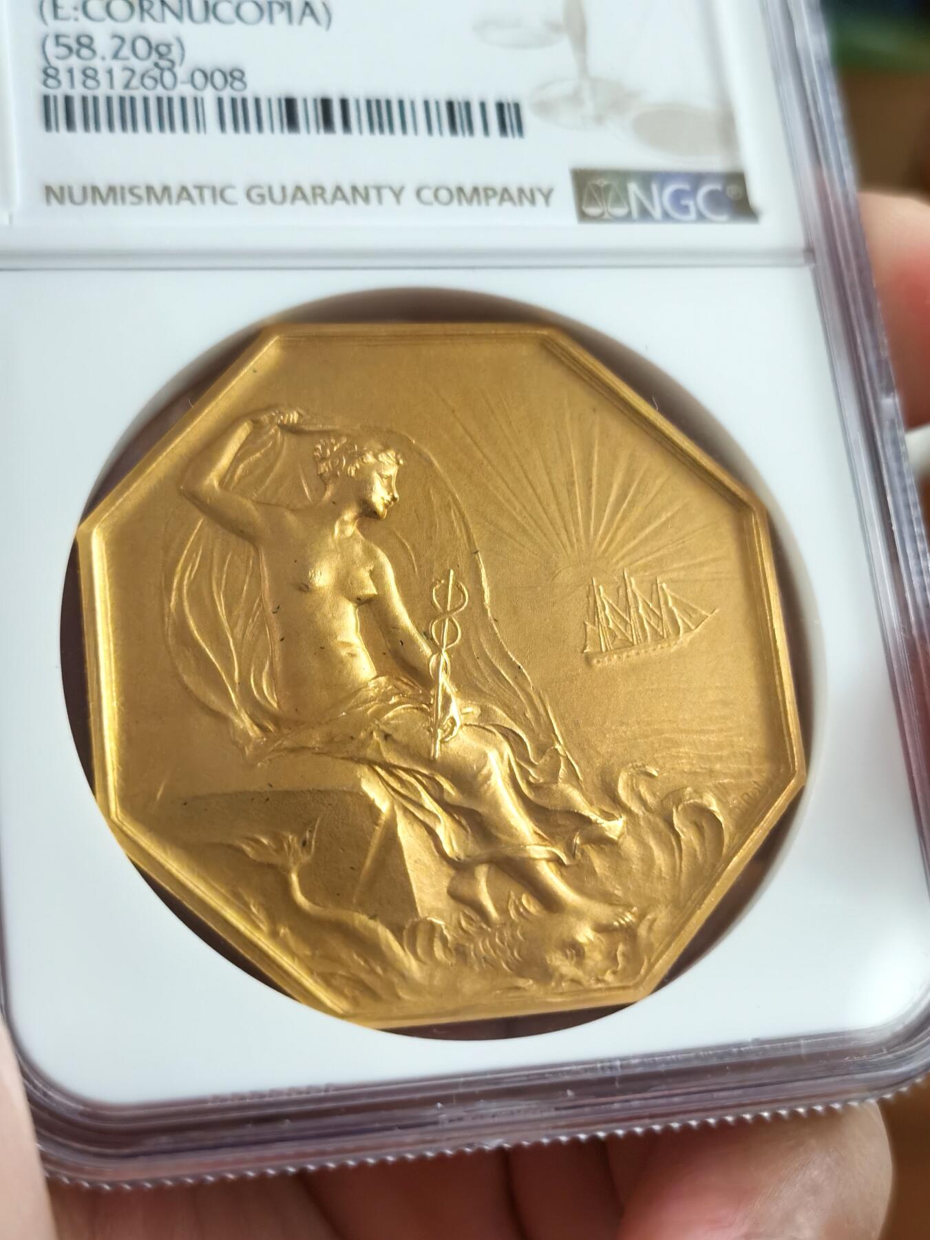 博洋堂世界钱币拍卖第087期（全场包邮） 罗蒂Roty 1879年圣纳泽尔商会原铸八角金章 直径: 45mm 克重: 58.2g 边铭: 丰饶角+ 1OR（一级金920‰）收藏佳品，顶级品相，NGC MS64