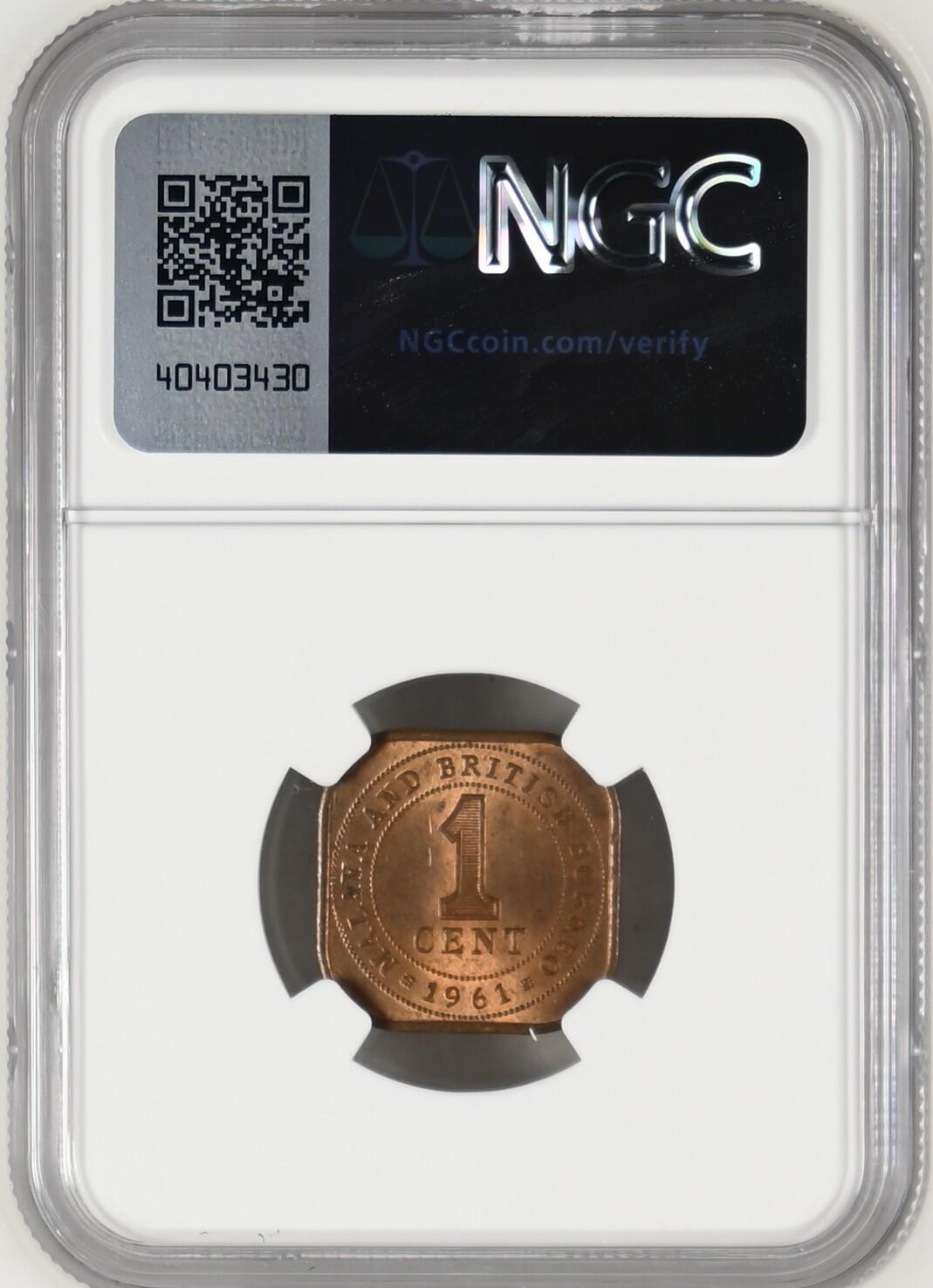 长老汇龙年精选第二十场拍卖 1961 马来西亚1分方形铜币，NGC MS62RB