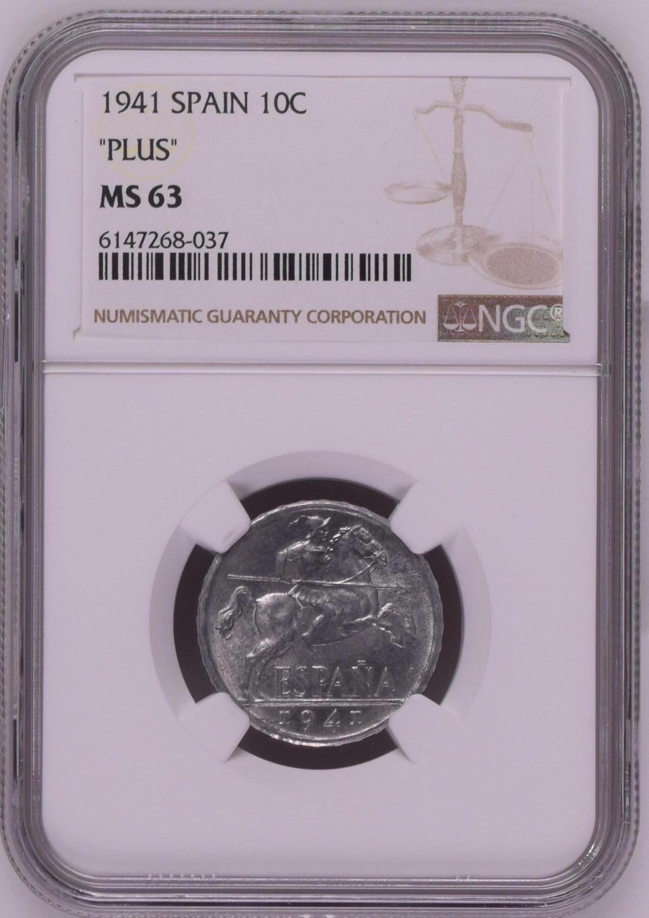 长老汇龙年精选第二十场拍卖 1941 西班牙民族主义政府10分铝币，NGC MS63，