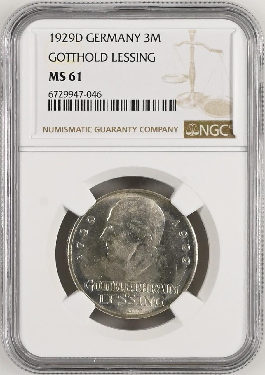 长老汇龙年精选第二十场拍卖 1929D 德国魏玛时期莱辛3马克银币，NGC MS61，5.6万枚
