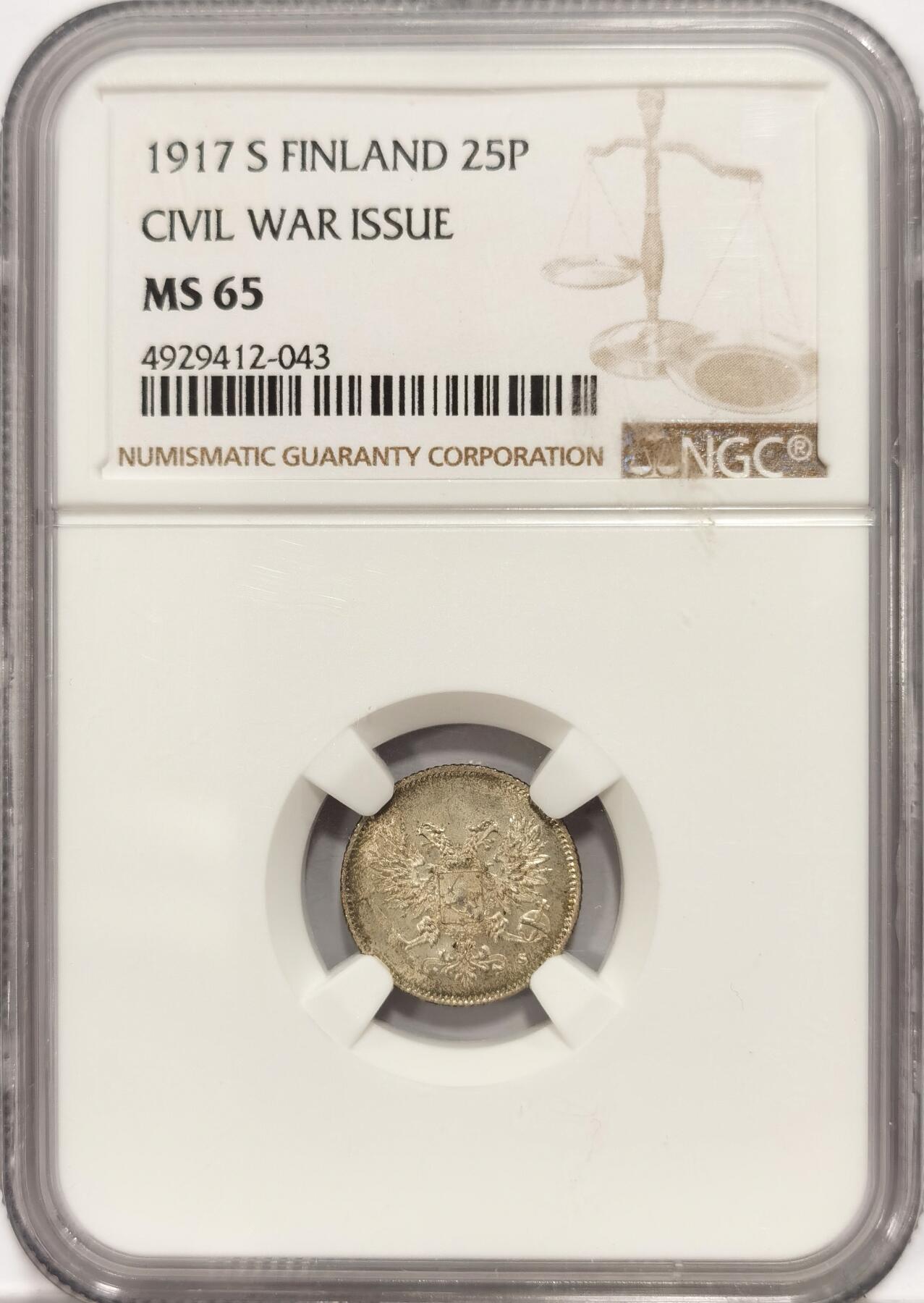 博洋堂世界钱币拍卖第087期（全场包邮） NGC MS65 芬兰1917年双头鹰25芬尼小银豪，细节完美