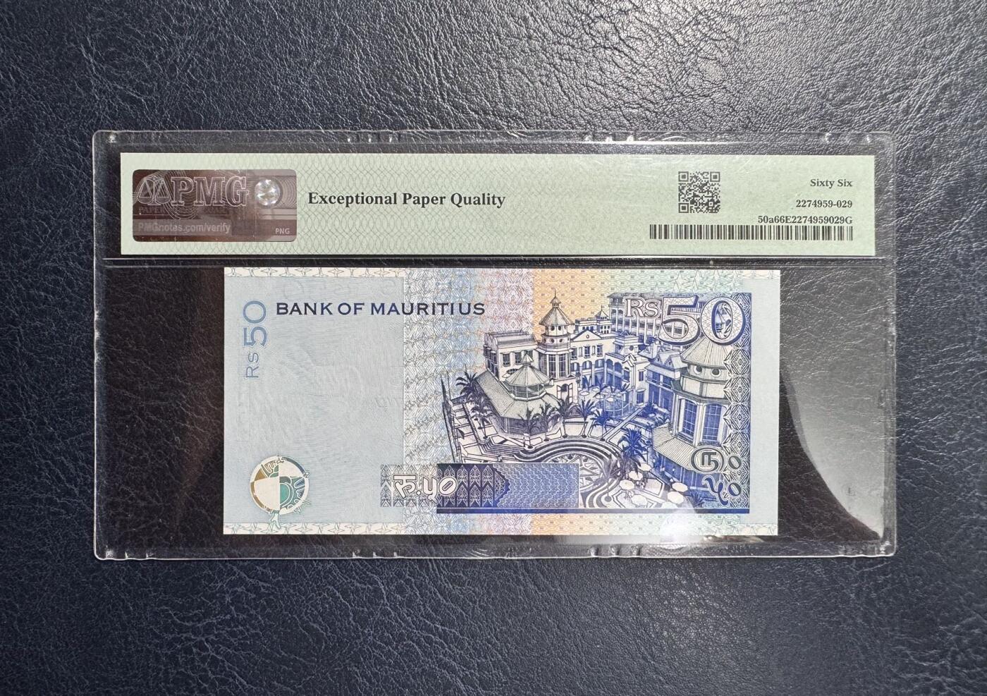 收藏联盟Quantum Auction 第367期拍卖  毛里求斯1999年50卢比首发AA冠 PMG66 号码无347