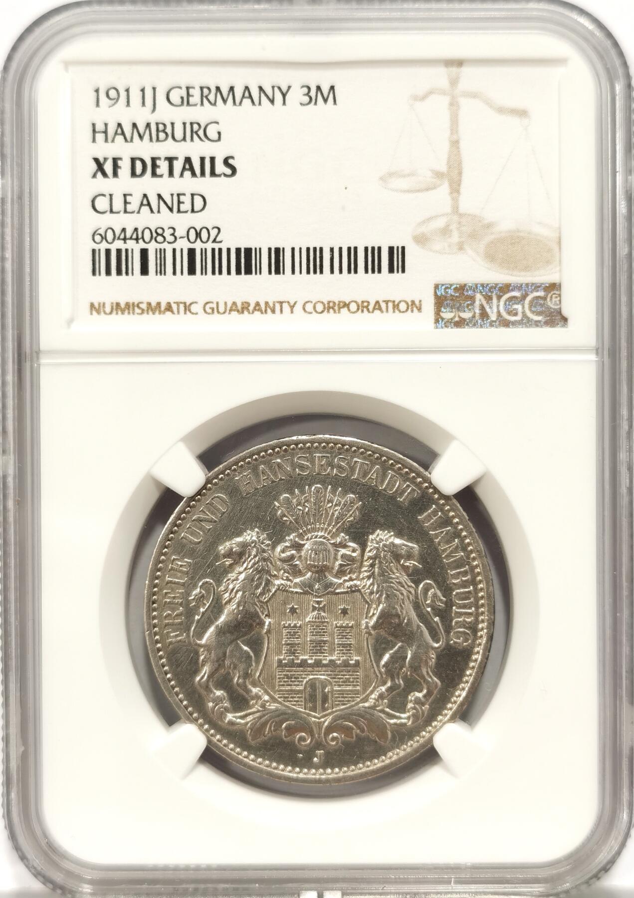 博洋堂世界钱币拍卖第087期（全场包邮） NGC XF 德国1911年J版汉堡3马克