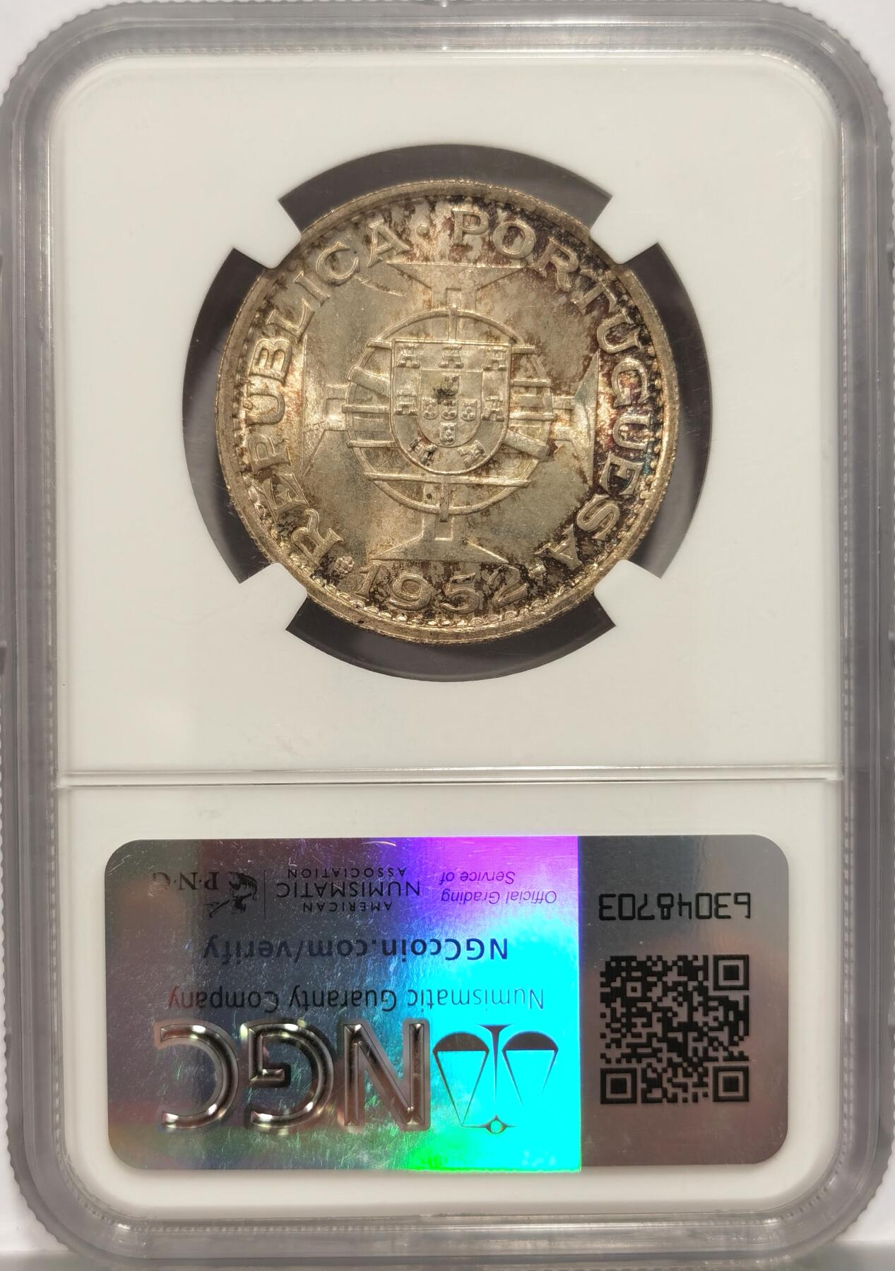 博洋堂世界钱币拍卖第087期（全场包邮） NGC MS65 澳门1952年5P大银，丝滑转光，包浆浓郁难得，该品种高分几乎都是白币