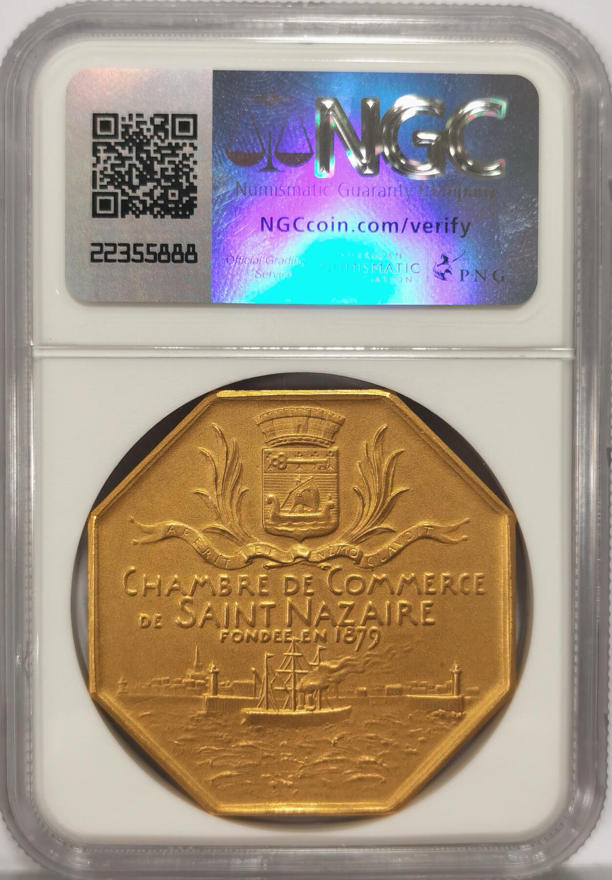 博洋堂世界钱币拍卖第087期（全场包邮） 罗蒂Roty 1879年圣纳泽尔商会原铸八角金章 直径: 45mm 克重: 58.2g 边铭: 丰饶角+ 1OR（一级金920‰）收藏佳品，顶级品相，NGC MS64