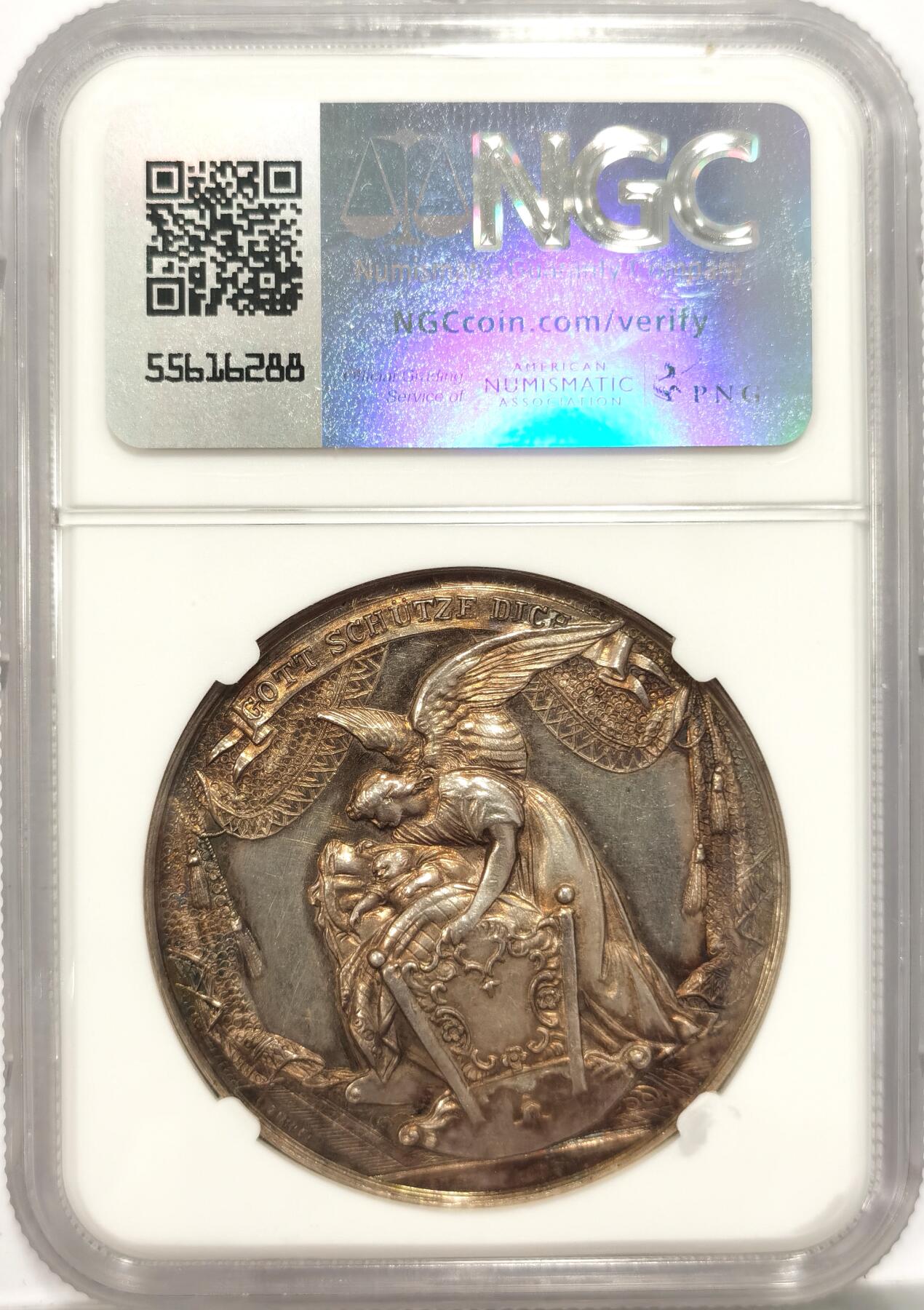 博洋堂世界钱币拍卖第087期（全场包邮） NGC UNCD 19世纪奥地利宗教洗礼大银章 41.9mm 22.8克 阳光下赤红色五彩包浆，非常漂亮