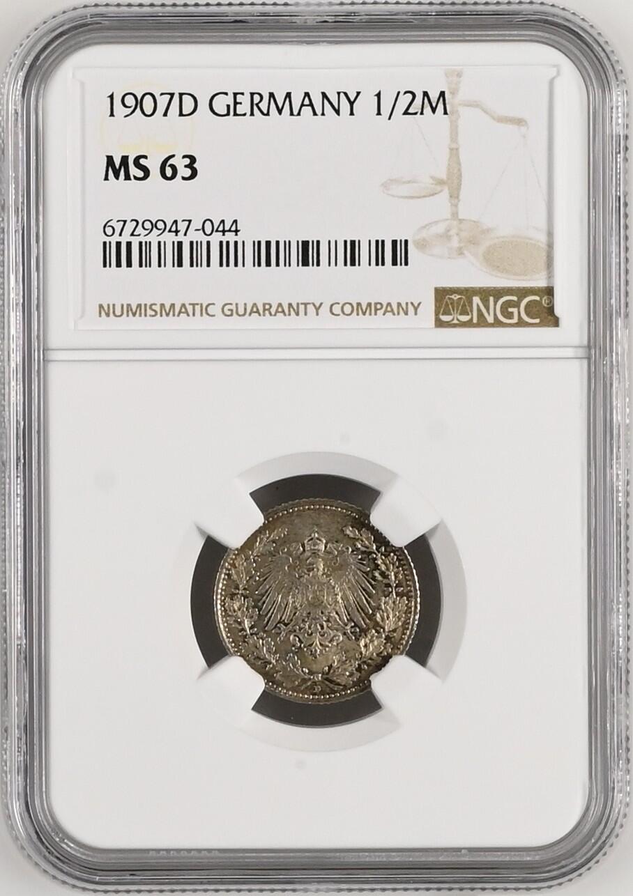 长老汇龙年精选第二十场拍卖 1907D 德国1/2马克银币，NGC MS63