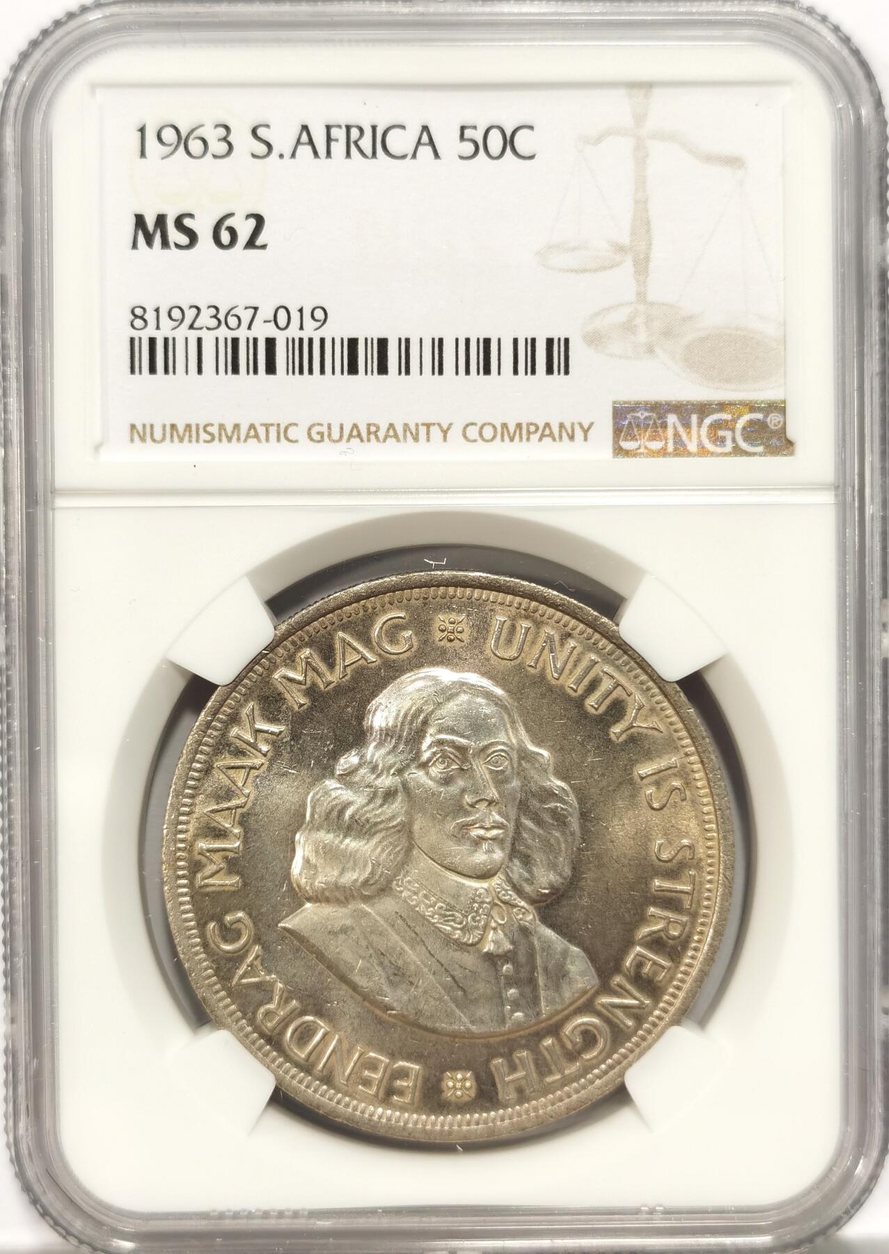博洋堂世界钱币拍卖第087期（全场包邮） NGC MS62 南非1963年50C银币，这品相只给62，妥妥屈才，可砸盒搏高分