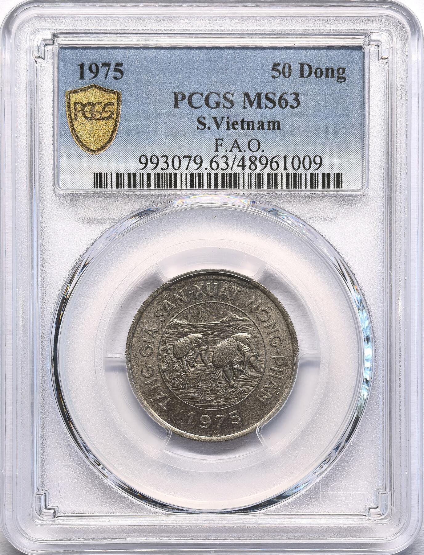 凡希社世界钱币微拍第二百八十期 稀！1975南越FAO插秧50DONG镍币PCGS-MS63，由于南越政府的迅速崩溃，这批订单没有运送至越南本土，后来全部作为金属废料处理，存世量极稀少，FAO系列的皇冠明珠，当代越南的难点，同时也是越战这一影响深远的历史事件的实物见证，高阶藏家汲汲以求的品种，一枚P65曾在2021年拍出10800美元。