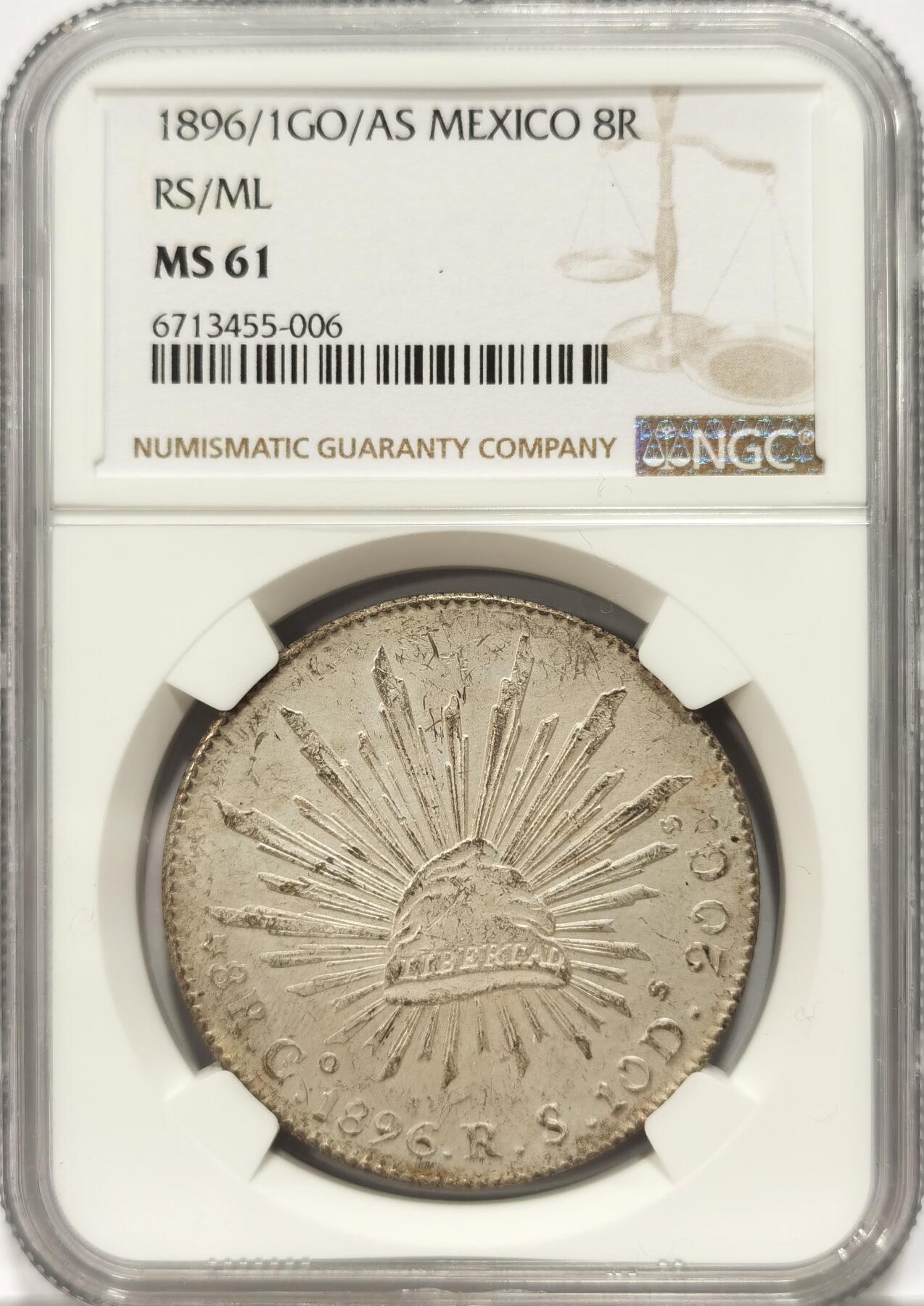 博洋堂世界钱币拍卖第087期（全场包邮） NGC MS61 墨西哥1896/1年GO/AS RS/ML花边鹰洋，罕见年份、厂别、鉴定师三骑字版，原味月芽彩包浆，收藏首选