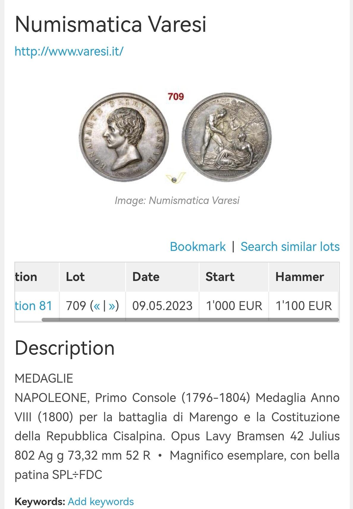 凡希社世界钱币微拍第二百八十期 稀！历史名章 ANVIII(1800)法兰西第一执政拿破仑重建奇萨尔皮尼共和国纪念银章NGC-AU58，意大利币章名家Lavy雕模，正面的拿破仑英俊威武，背面赫拉克勒斯两手扶起地上的意大利女神，珍稀且设计极为精美。欧洲拍卖行XF-UNC裸章落槌价在1100-2600欧不等，参见后三图。传世五彩浓郁，设计