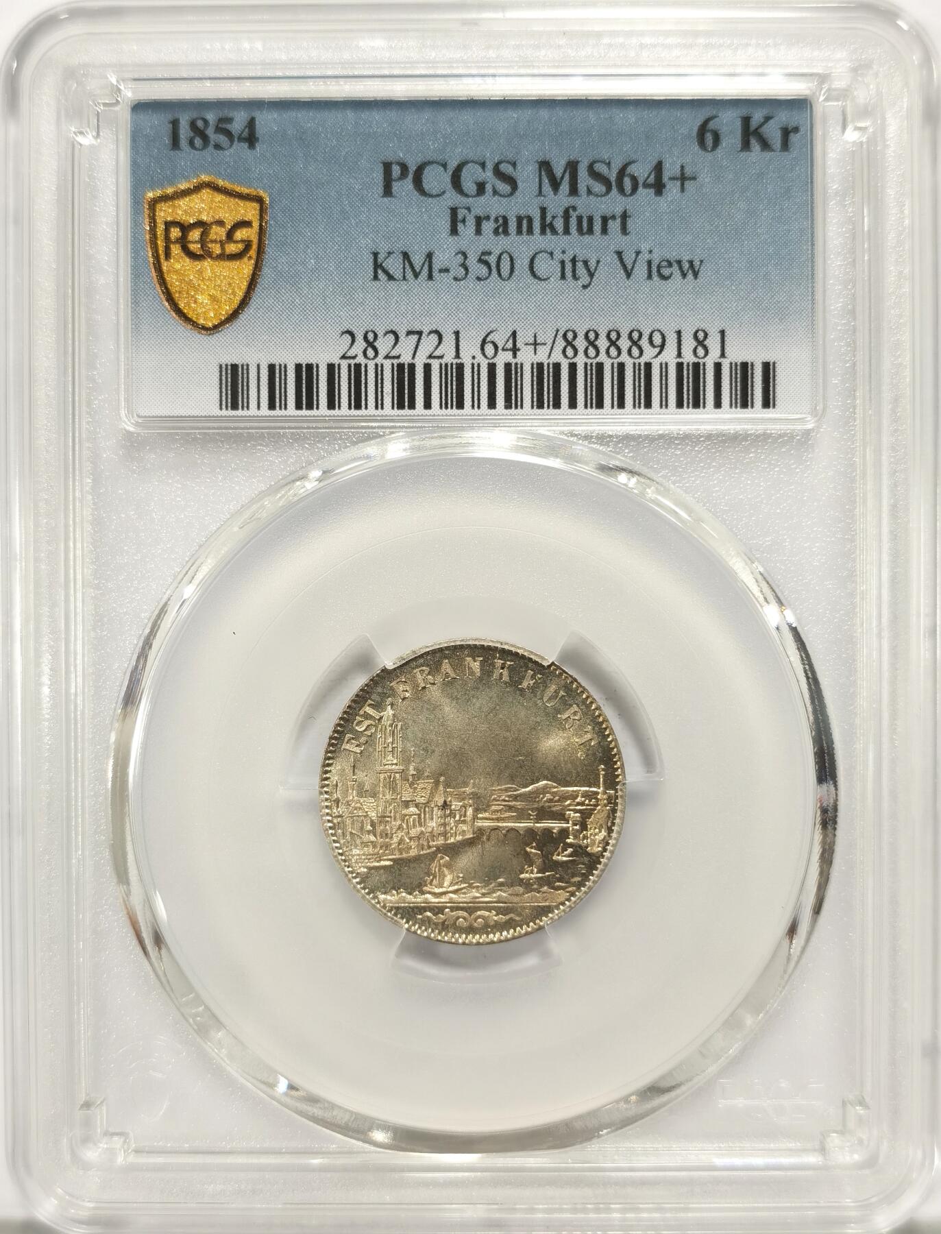 博洋堂世界钱币拍卖第087期（全场包邮） PCGS MS64+ 德国法兰克福1854年城市景观6克洛泽 粉光 高分热门品种