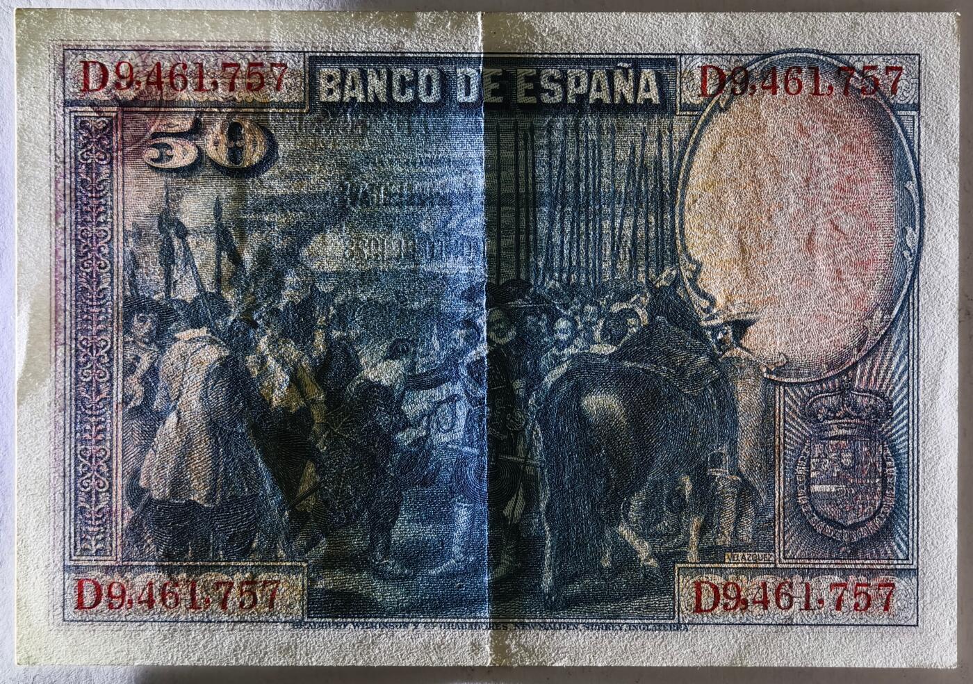 紫瑗钱币——第513期——纸币场 西班牙 1928年 油画《布雷达的献城》50比塞塔 UNC- 有折 (P-75b)