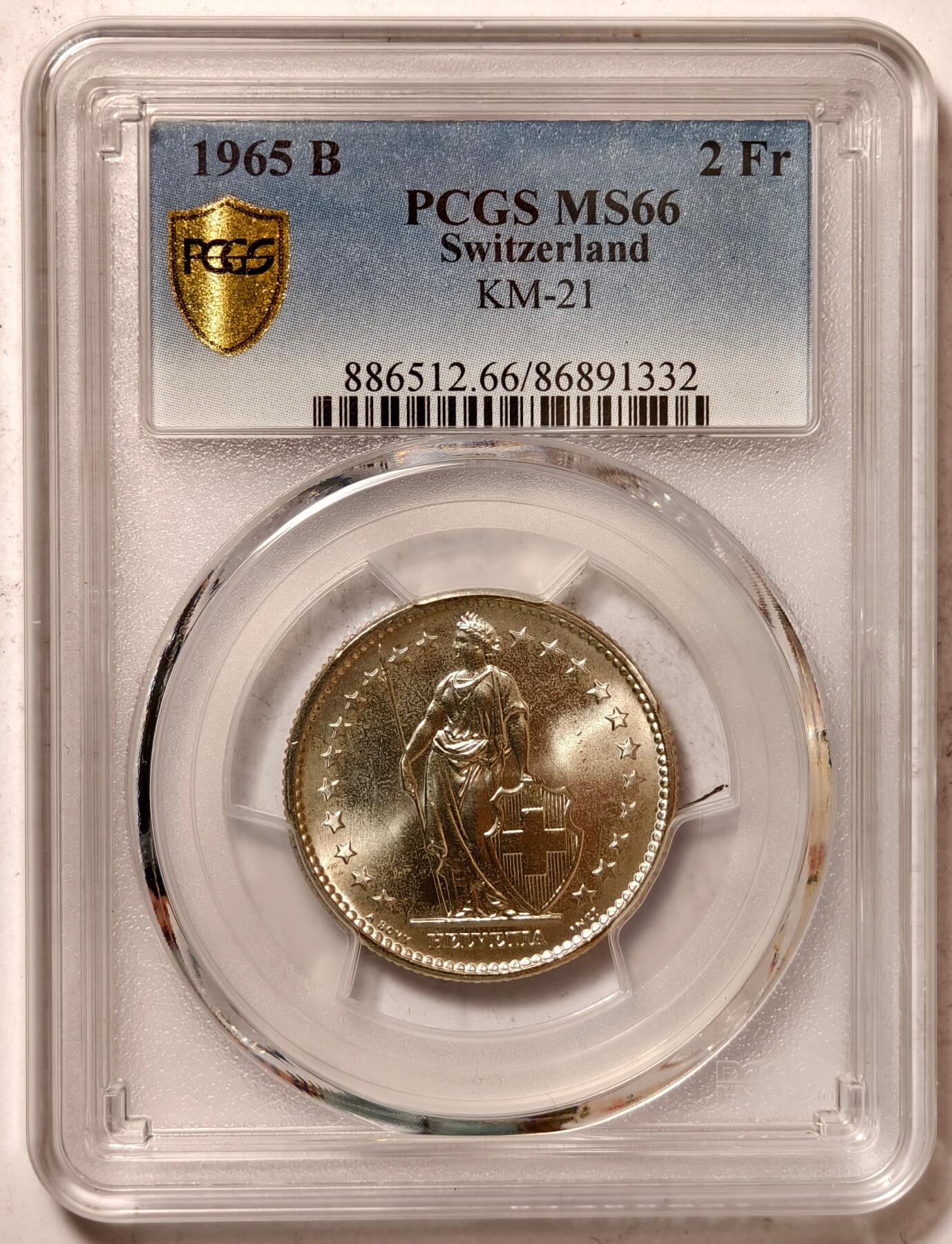 紫瑗钱币——第420期 瑞士 1965年 B版 赫尔维蒂亚 2法郎 银币 PCGS MS66