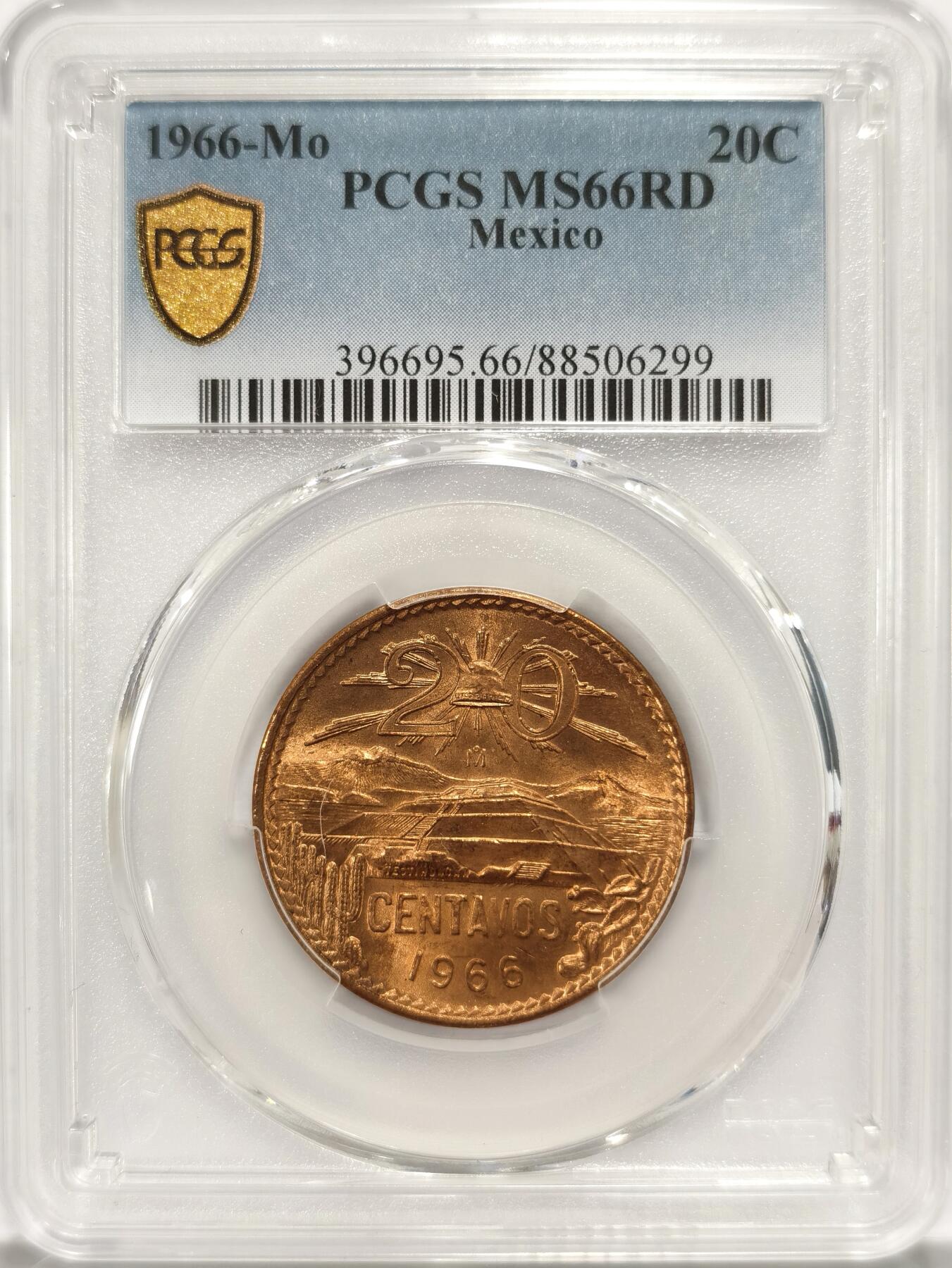博洋堂世界钱币拍卖第087期（全场包邮） PCGS MS66RD 墨西哥1966年20分铜币，极品RD小鹰洋