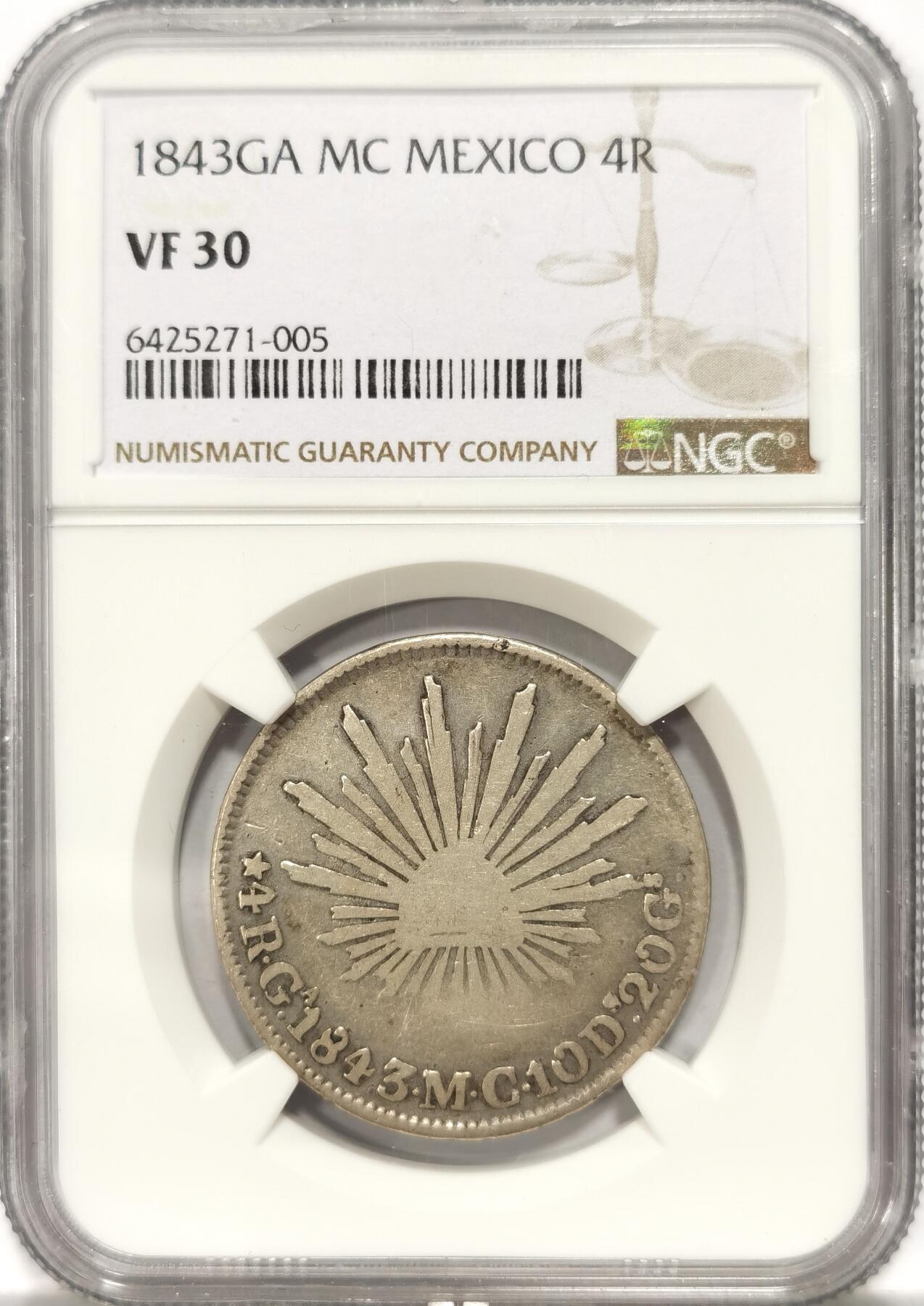 博洋堂世界钱币拍卖第087期（全场包邮） NGC VF30 墨西哥1843年Ga MC版鹰洋4R银币，少见4里亚尔，早期年份，鹰洋半圆有分难得