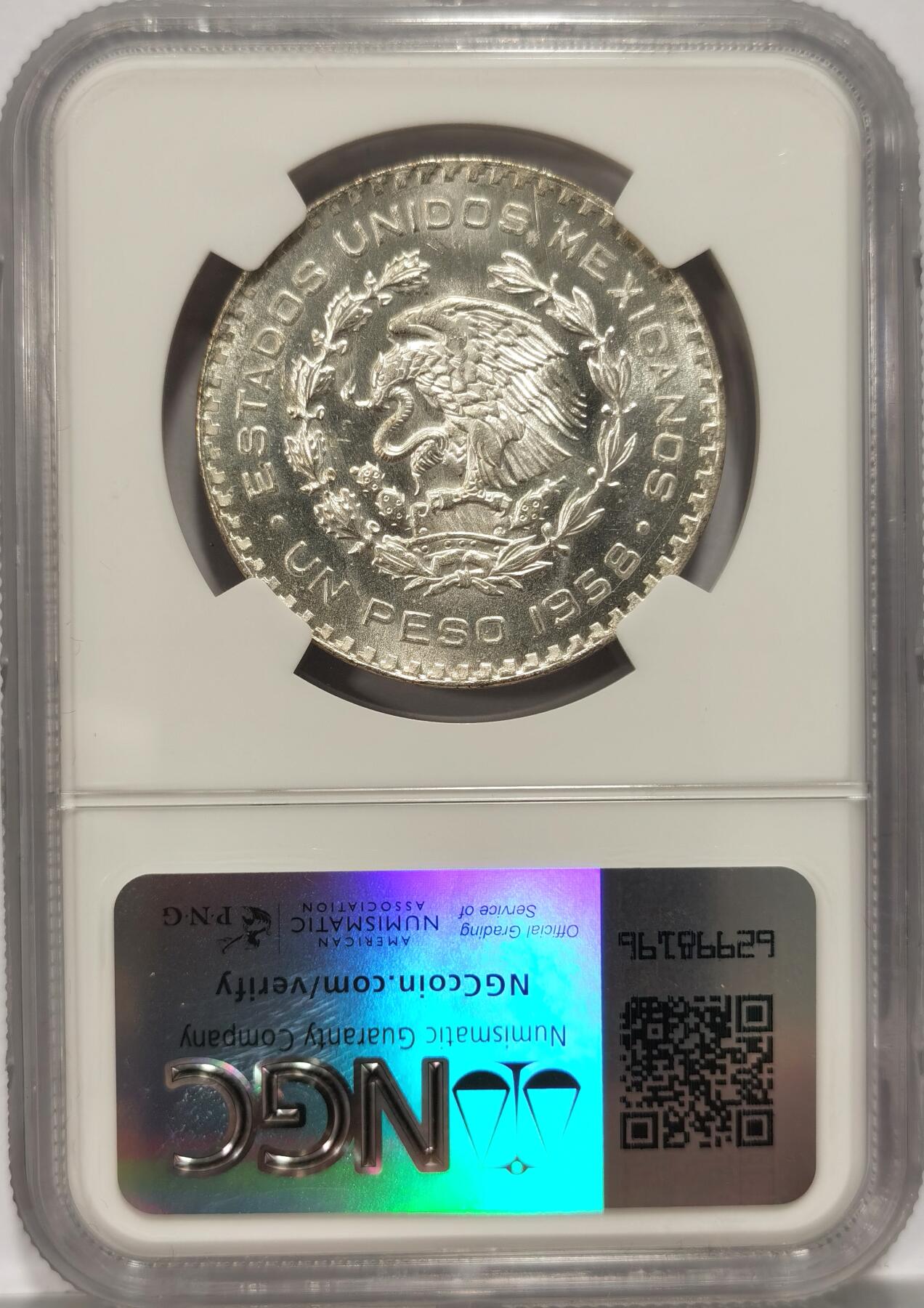 博洋堂世界钱币拍卖第087期（全场包邮） NGC MS66 墨西哥1958年1比索鹰洋银币