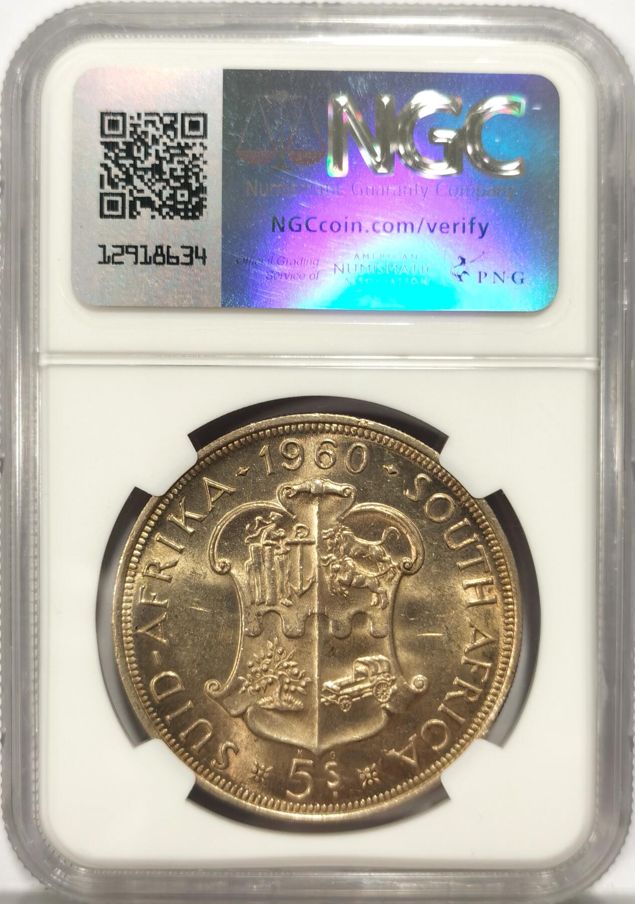 博洋堂世界钱币拍卖第087期（全场包邮） NGC MS62 南非1960年联盟成立50周年5先令大银币，黄油包浆