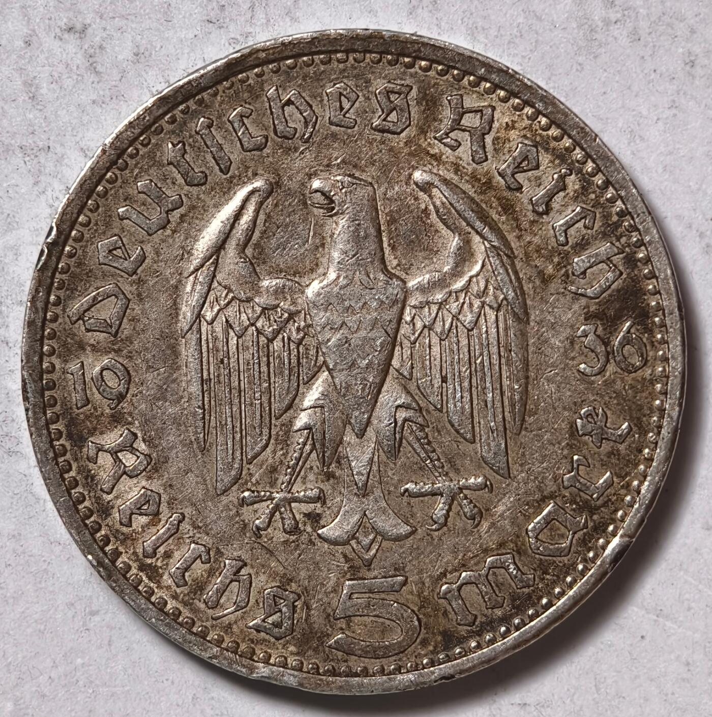 紫瑗钱币——第402期 德国 1936年 A版 兴登堡 5马克 13.9克 0.9银