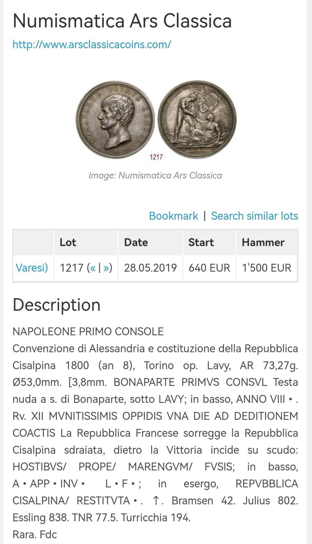 凡希社世界钱币微拍第二百八十期 稀！历史名章 ANVIII(1800)法兰西第一执政拿破仑重建奇萨尔皮尼共和国纪念银章NGC-AU58，意大利币章名家Lavy雕模，正面的拿破仑英俊威武，背面赫拉克勒斯两手扶起地上的意大利女神，珍稀且设计极为精美。欧洲拍卖行XF-UNC裸章落槌价在1100-2600欧不等，参见后三图。传世五彩浓郁，设计