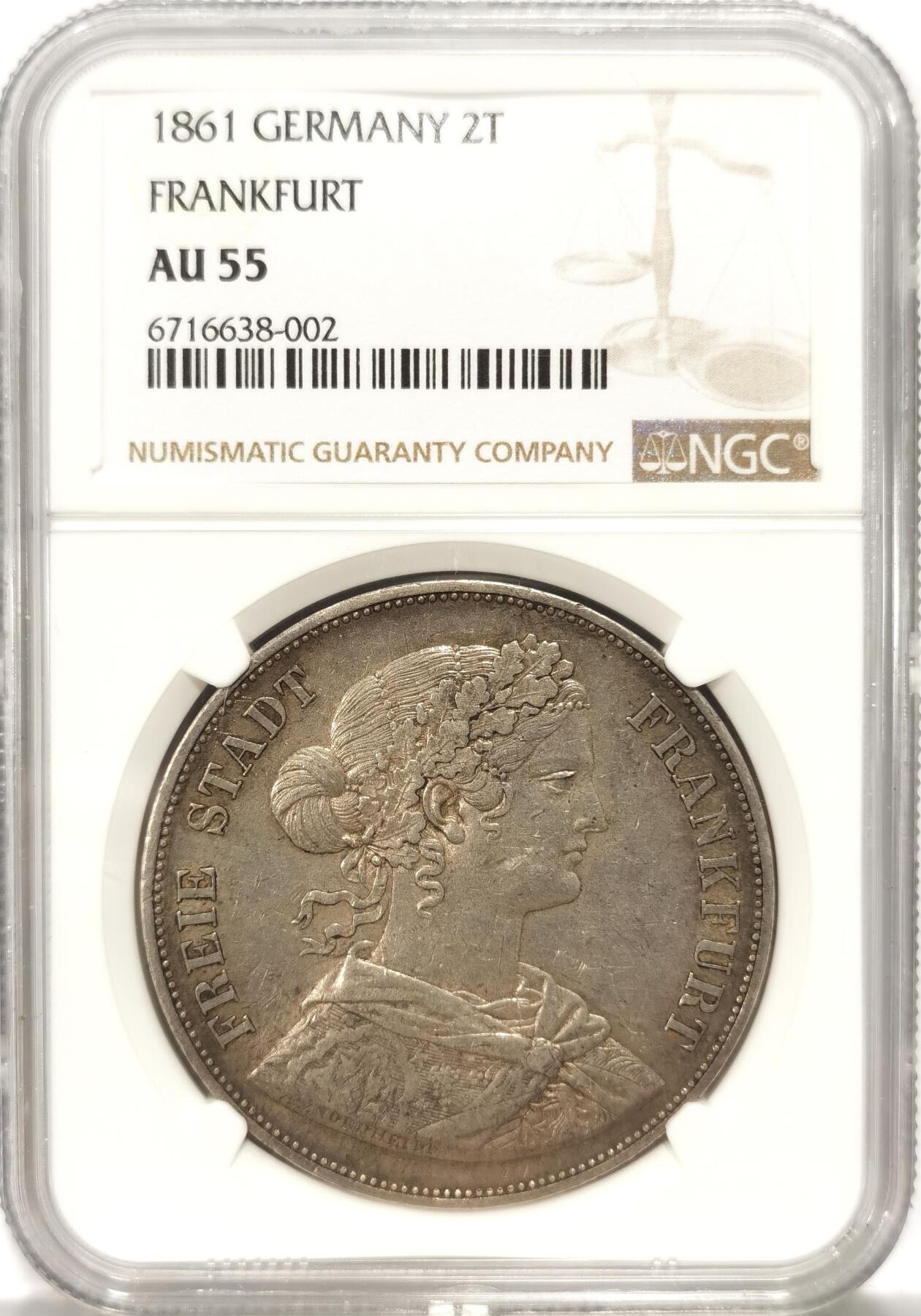 博洋堂世界钱币拍卖第087期（全场包邮） NGC AU55 德国法兰克福1861年少女2泰勒大银币