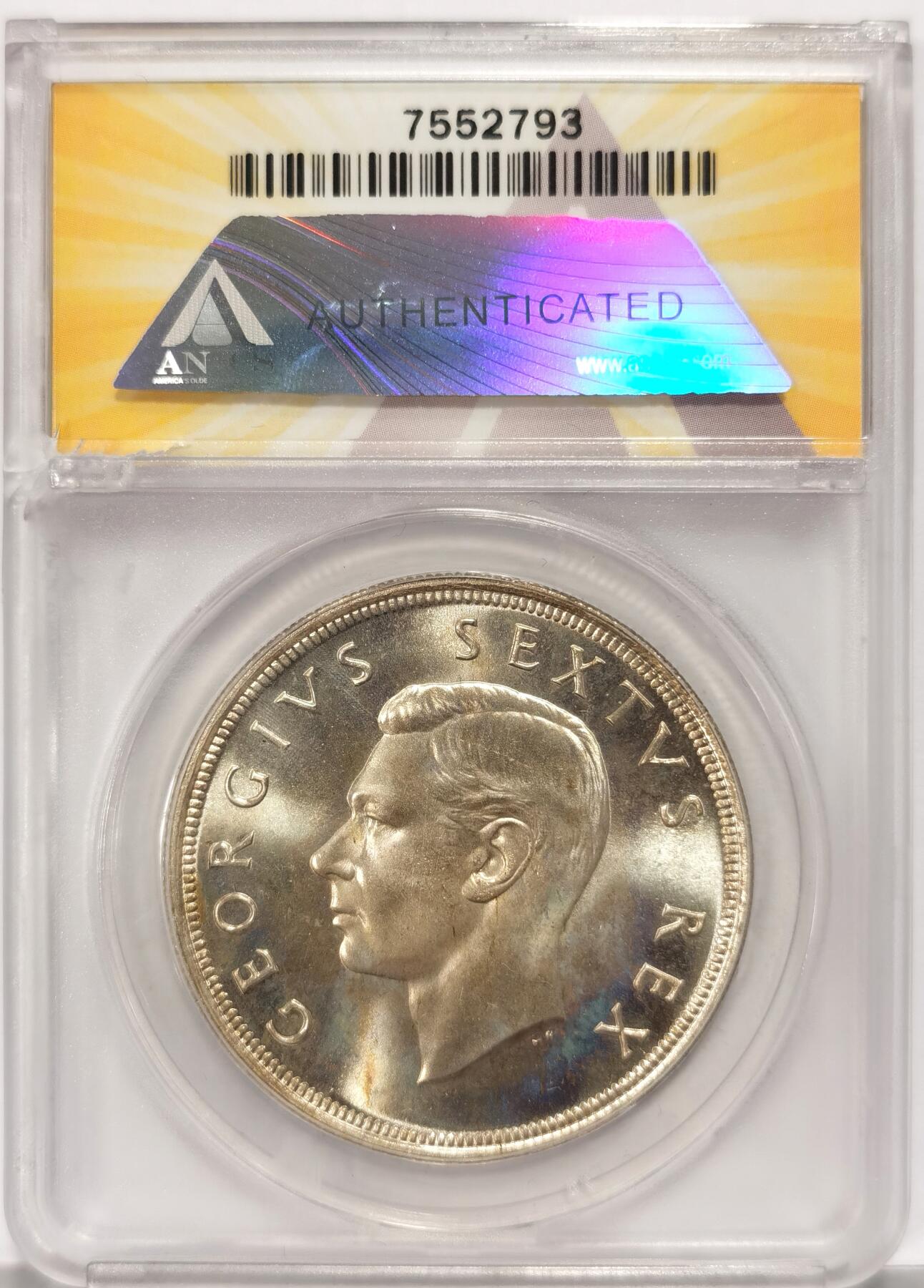 博洋堂世界钱币拍卖第087期（全场包邮） ANACS MS68PL（PL68） 英属南非1951年乔治六世5先令克朗银币 铸造量仅1483枚 远少于其他年份 淡五彩包浆养眼 顶级高分 A盒潜力很大