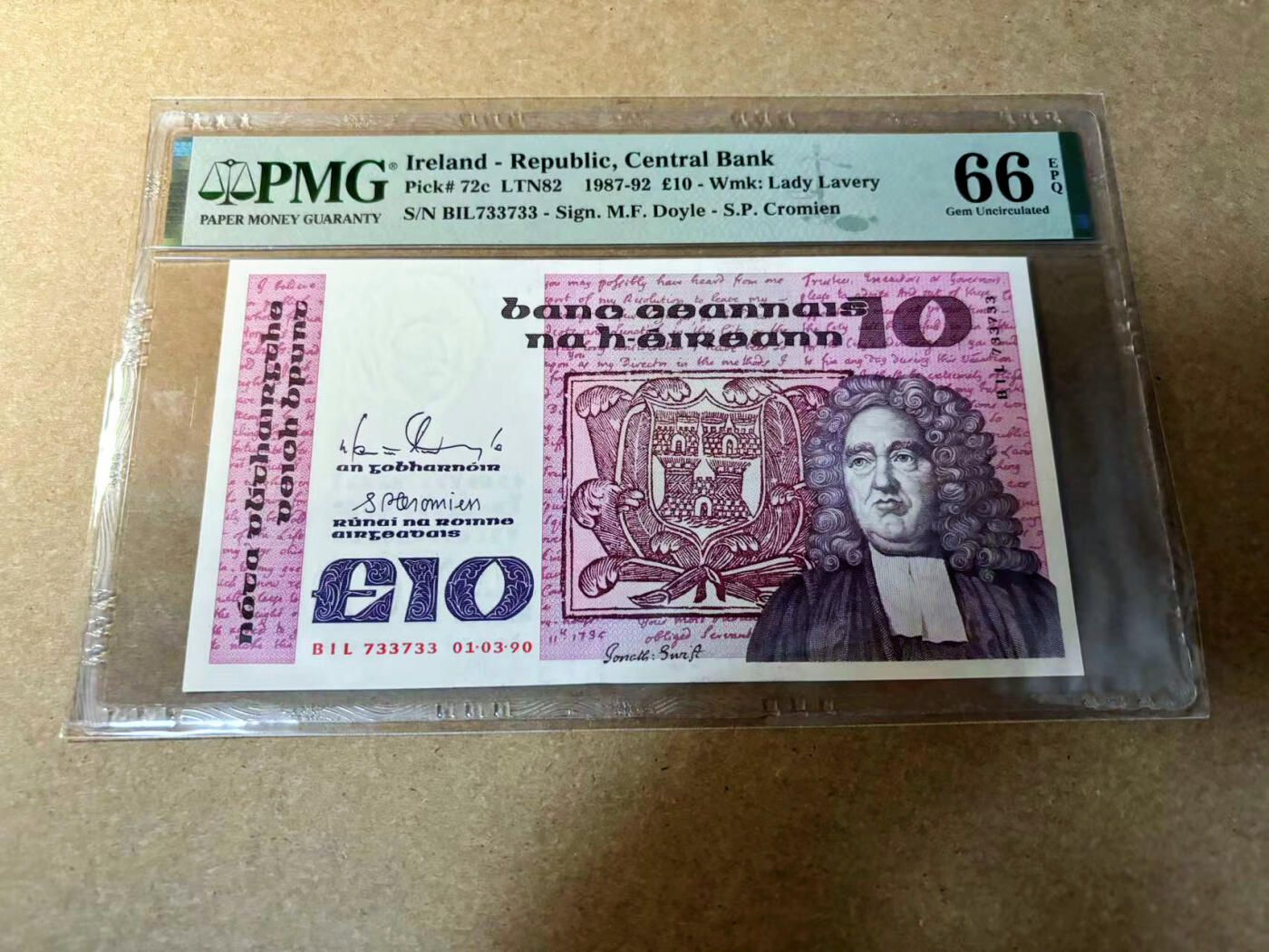 【Blue Auction】✨世界纸币精拍第524期【精】 【733733重复号】爱尔兰 1990年10镑 PMG66EPQ 