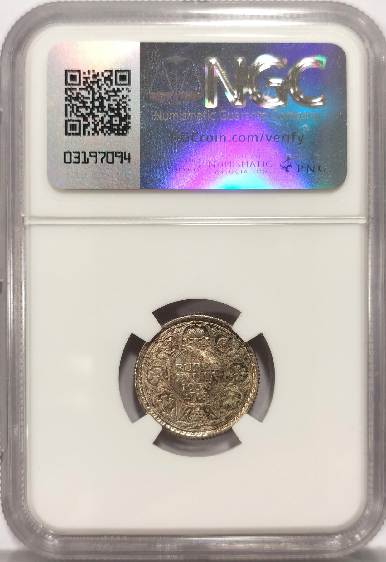 博洋堂世界钱币拍卖第087期（全场包邮） NGC MS63 英属印度1936年C乔治五世1/4卢比银币