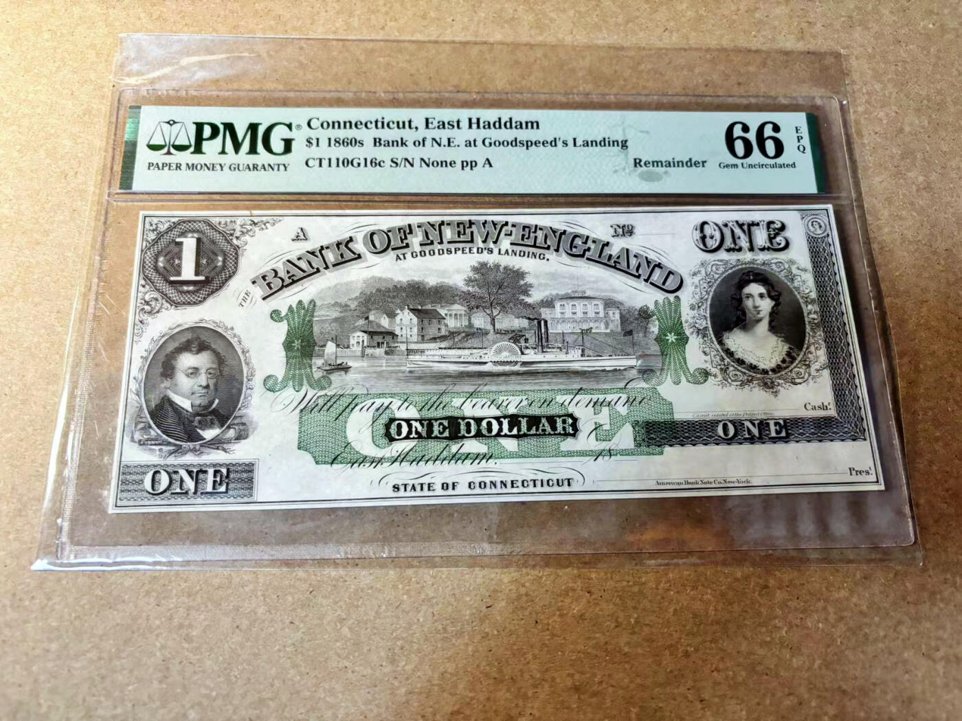 【Blue Auction】✨世界纸币精拍第524期【精】 美国 康涅狄格州 1860年代1美金 PMG66EPQ 大票幅 设计精美