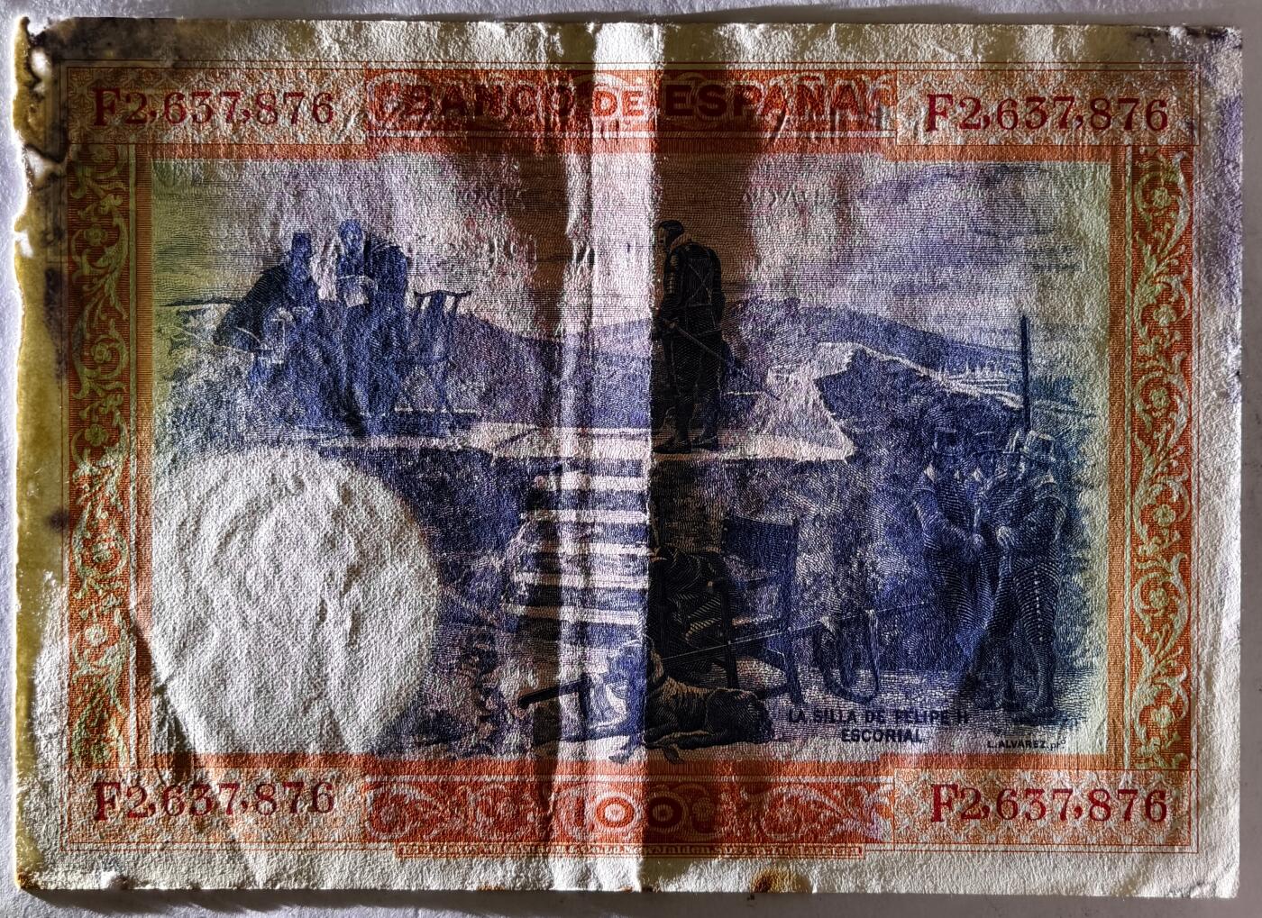 紫瑗钱币——第401期——纸币场 西班牙 1925年 油画《费利普二世的撤退》 100比塞塔 AU (P-69c)