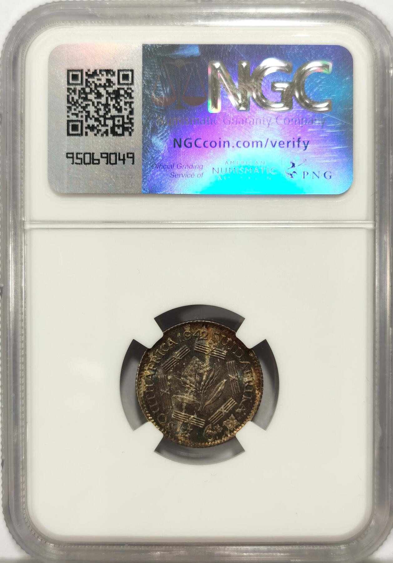 博洋堂世界钱币拍卖第087期（全场包邮） NGC MS64 英属南非1942年乔治六世6便士银币，炫彩包浆