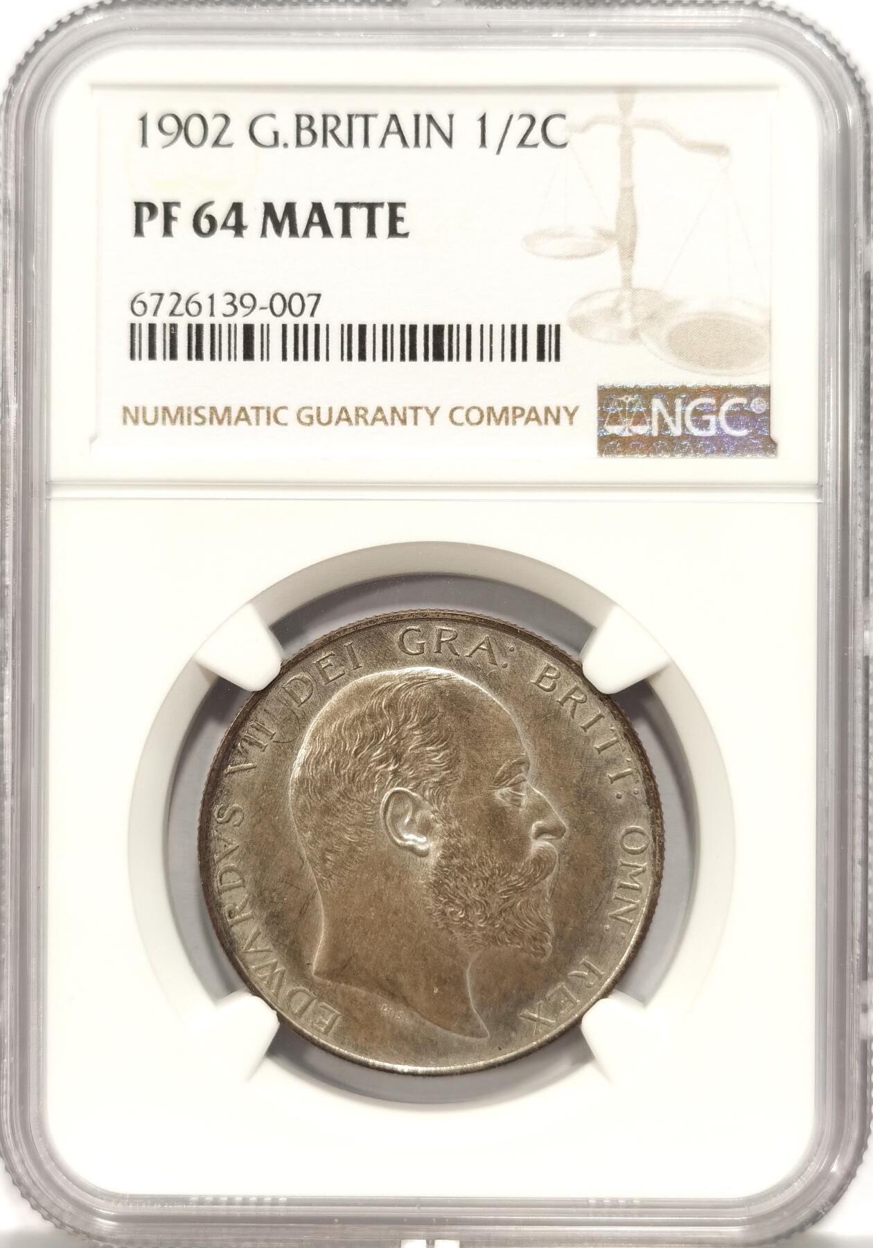 博洋堂世界钱币拍卖第087期（全场包邮） NGC PF64MATTE 英国1902年爱德华七世精制1/2克朗银币，难得原味包浆，65分成交6000+