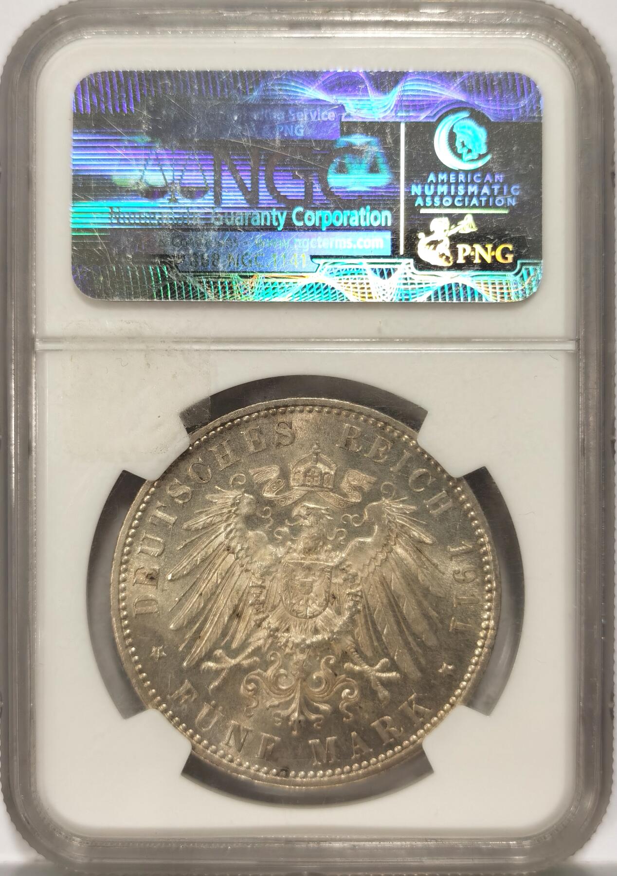 博洋堂世界钱币拍卖第087期（全场包邮） NGC MS62 德国巴伐利亚1911年利奥波德90寿辰5马克银币