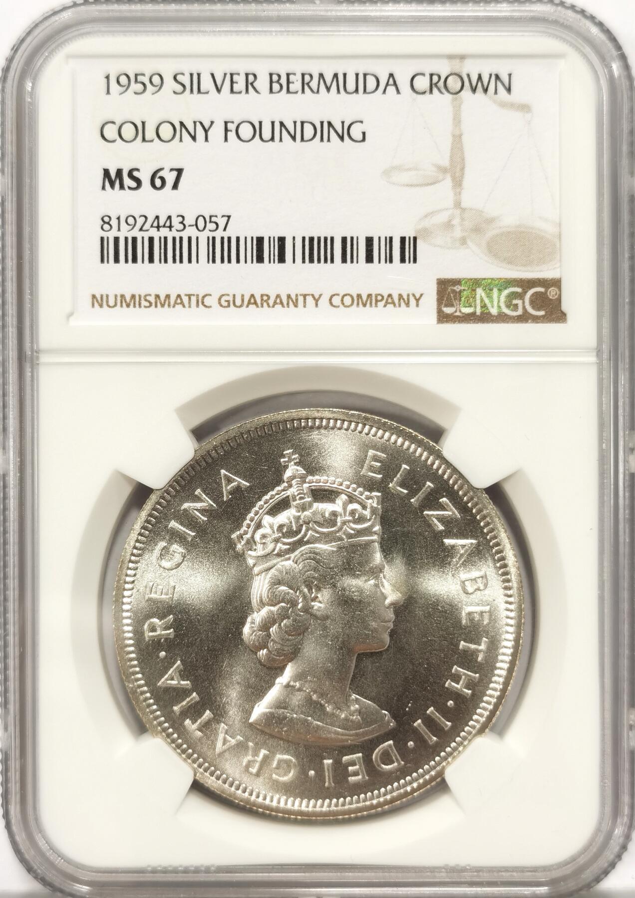 博洋堂世界钱币拍卖第087期（全场包邮） NGC MS67 英属百慕大1959年伊丽莎白二世1克朗银币，殖民地发现350周年纪念，巅峰级分数2