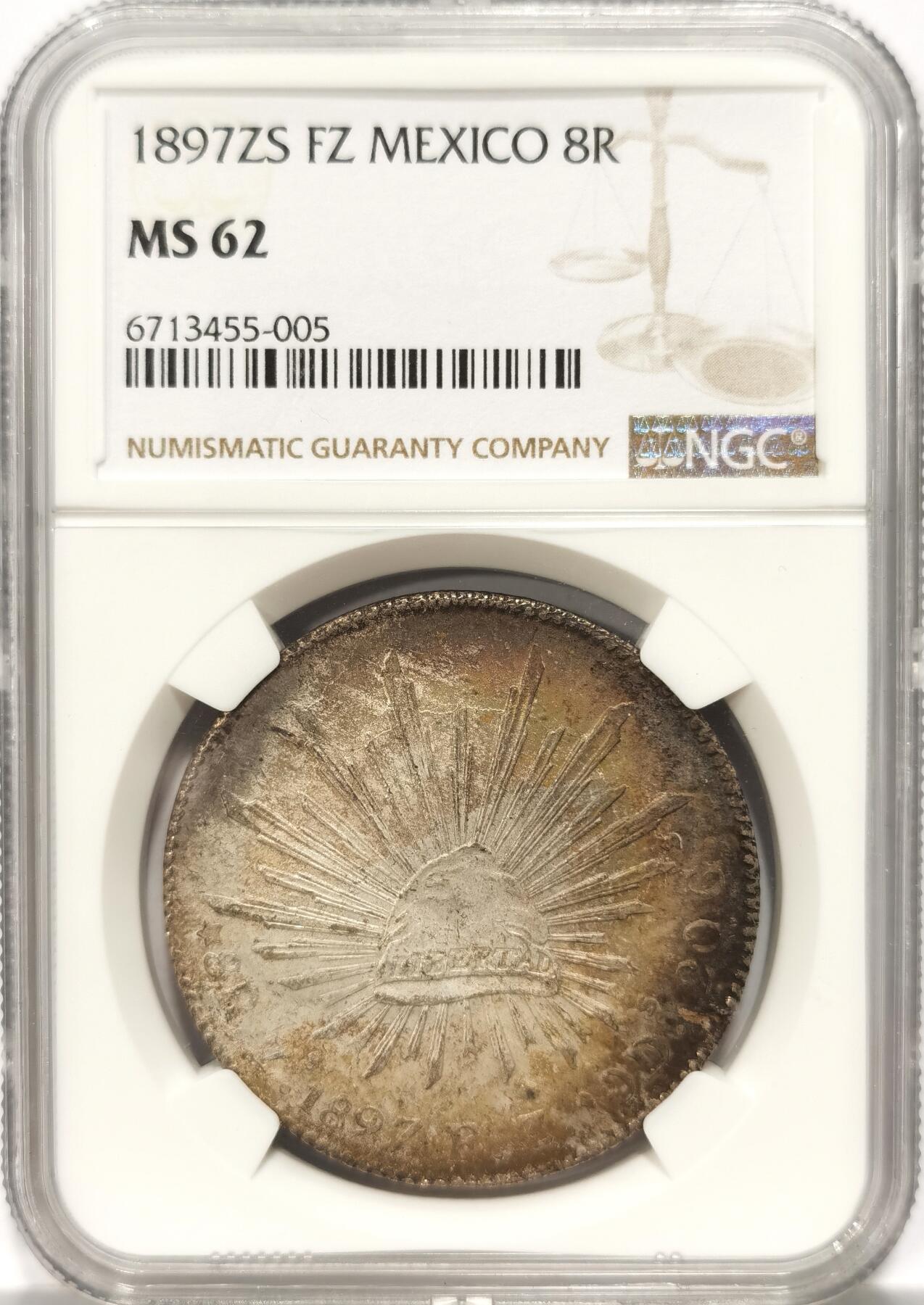 博洋堂世界钱币拍卖第087期（全场包邮） NGC MS62 墨西哥1897年ZS FZ版鹰洋，关门年份，极美原味包浆，滴水未下