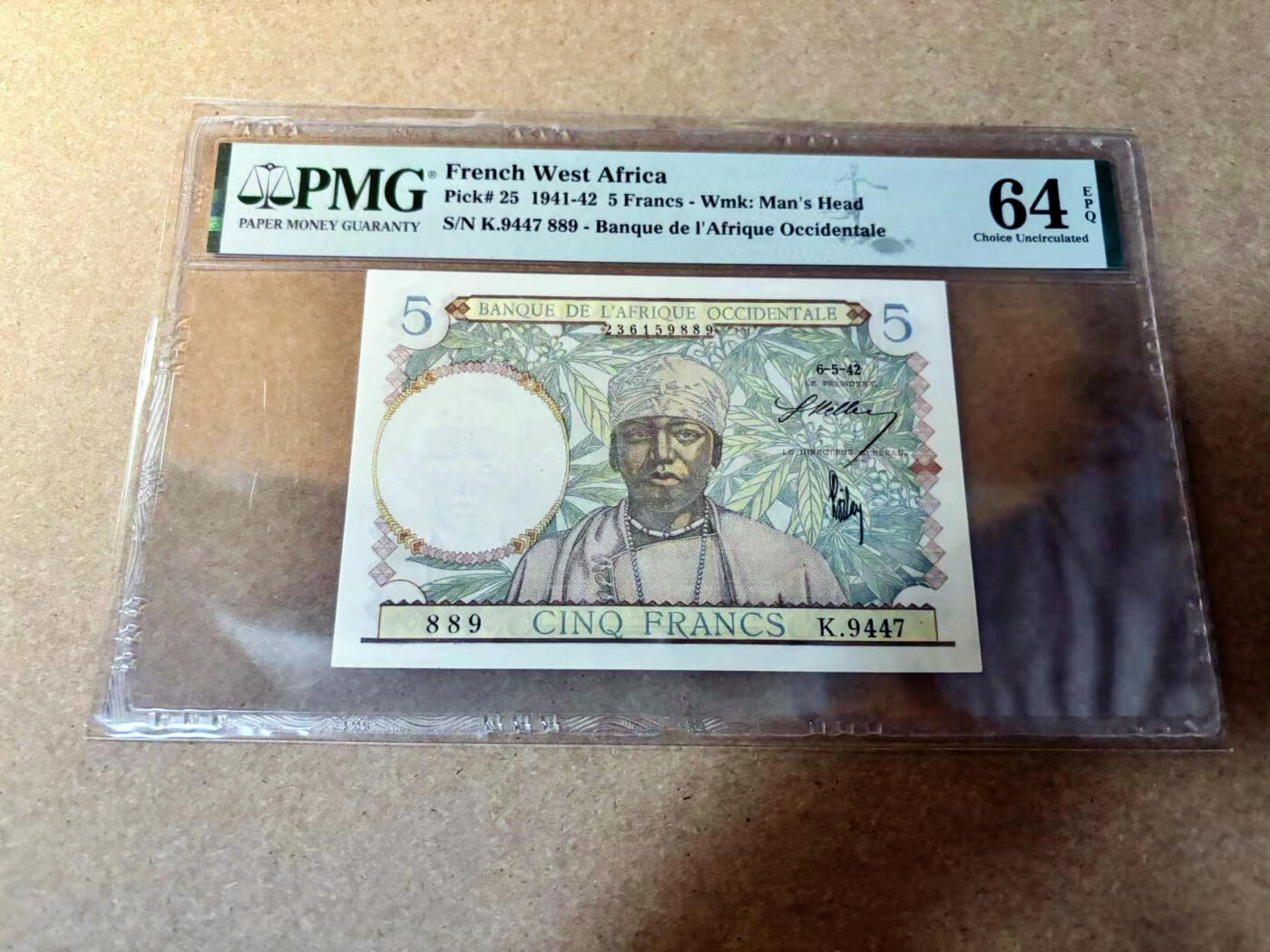【Blue Auction】✨世界纸币精拍第524期【精】 【倒置号】法属西非 1942年5法郎 PMG64EPQ 