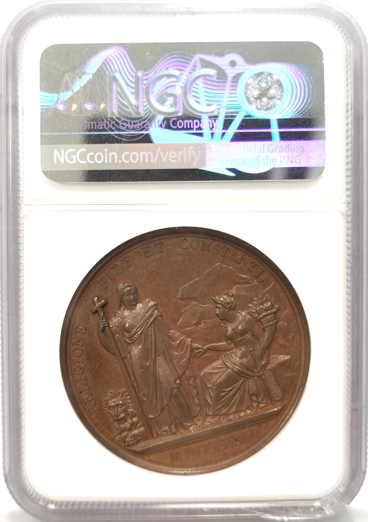 博洋堂世界钱币拍卖第087期（全场包邮） NGC MS64BN 1820年英国历史铜章系列—英国乔治三世纪念铜章，正反超高浮雕，其中乔三头像即为此前应用在样币中的头像，罕见品种，盒子有裂