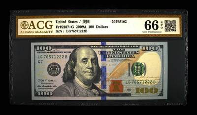 外币评级美元 - Fr#2187-G 2009A 100 Dollars 尾豹子号222，66 EPQ