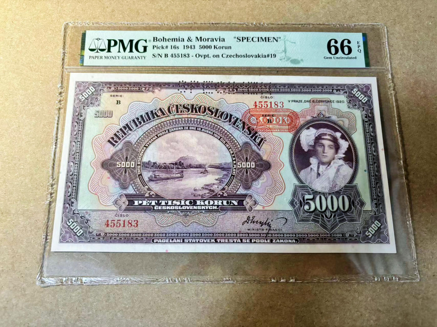 【Blue Auction】✨世界纸币精拍第524期【精】 波西米亚 1943年5000克朗 大票幅 ABNC出品 雕刻精美 PMG66EPQ 