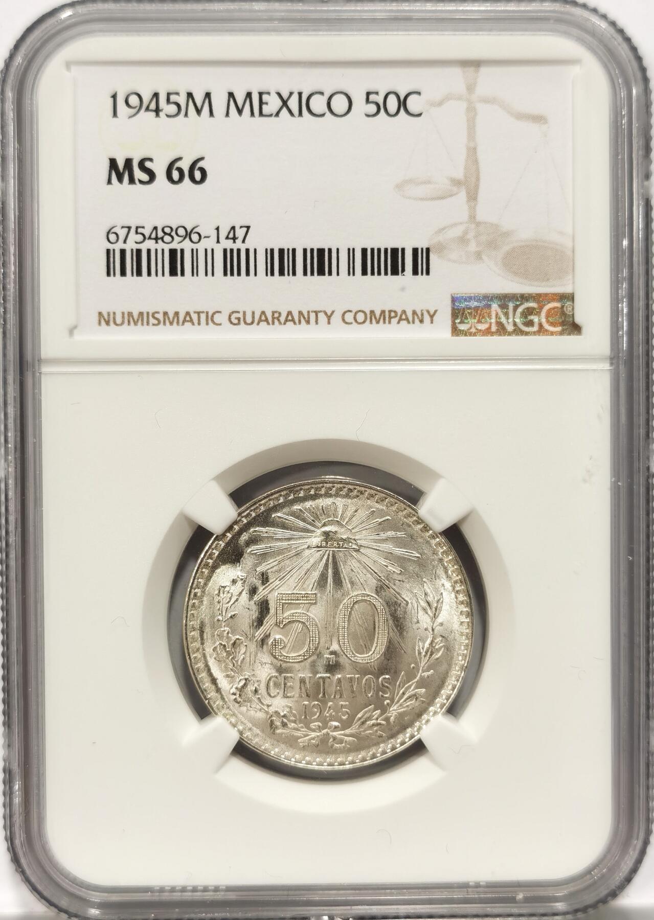 博洋堂世界钱币拍卖第087期（全场包邮） NGC MS66 墨西哥1945年50分鹰洋银币，顶级高分