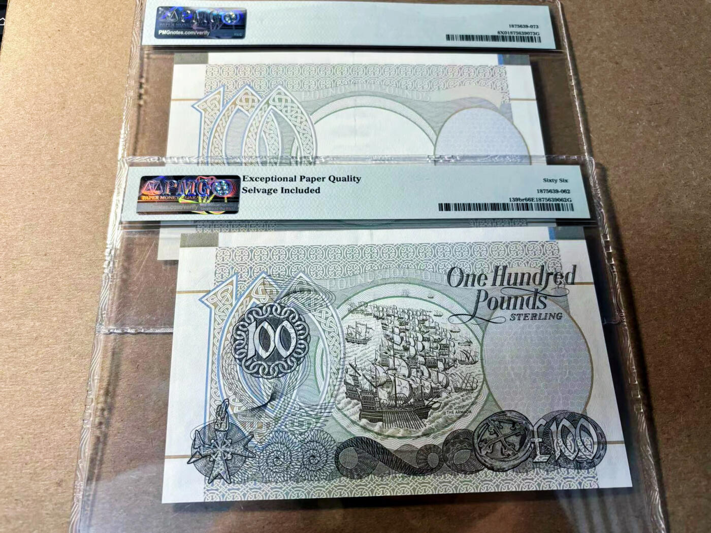 【Blue Auction】✨世界纸币精拍第524期【精】  【一组2张】北爱尔兰 1998年100镑 PMG66EPQ  Printer's Remnants / Remainder 包含边铭 可以用于研究该纸币印制过程 非常少见 