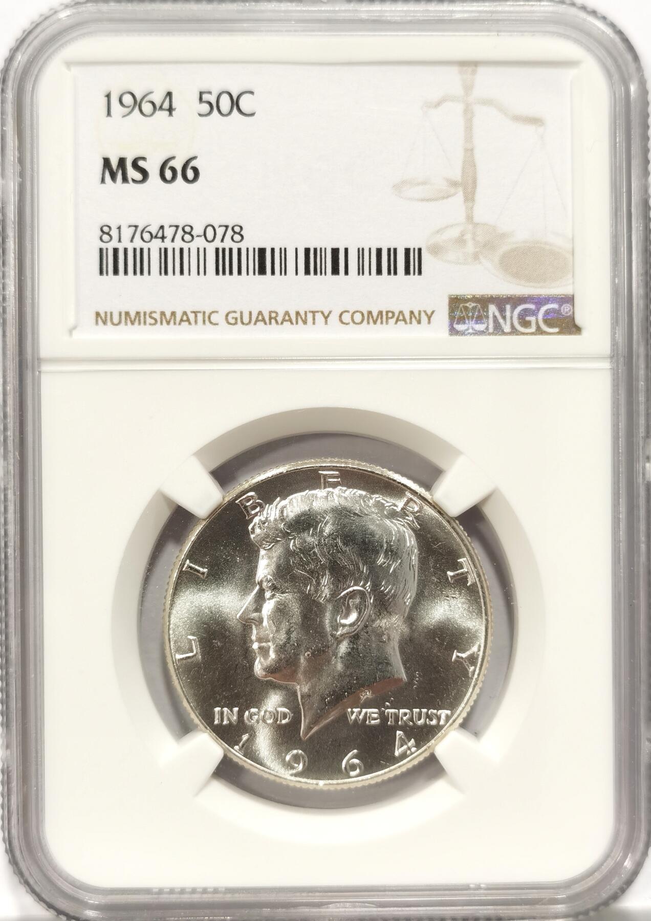 博洋堂世界钱币拍卖第087期（全场包邮） NGC MS66 美国1964年高银版肯尼迪50美分银币，原卷高分