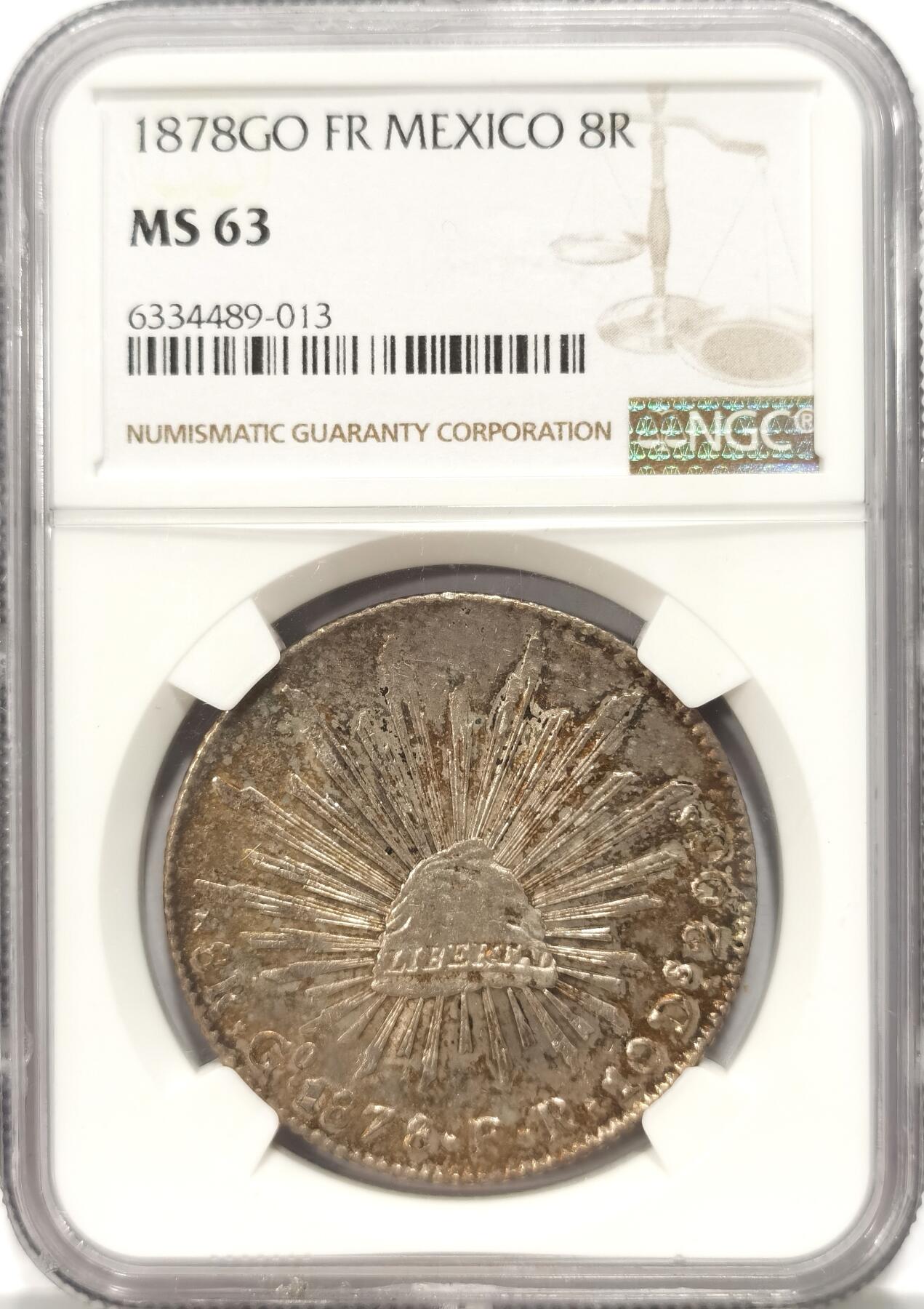 博洋堂世界钱币拍卖第087期（全场包邮） NGC MS63 1878年墨西哥GO FR版直边鹰洋，瓜纳华托铸币厂，中期少见年份，绚丽的五彩包浆，车轮转光底板出色，状态远超63分平均水准。此枚出自2024年金堡拍卖，528美元成交