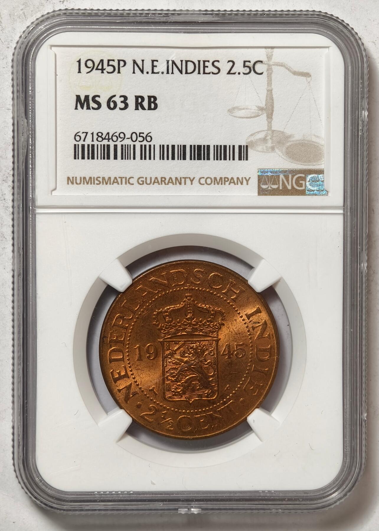 紫瑗钱币——第402期 荷属东印度 1945年 P版 2.5分 铜币 NGC MS63 RB