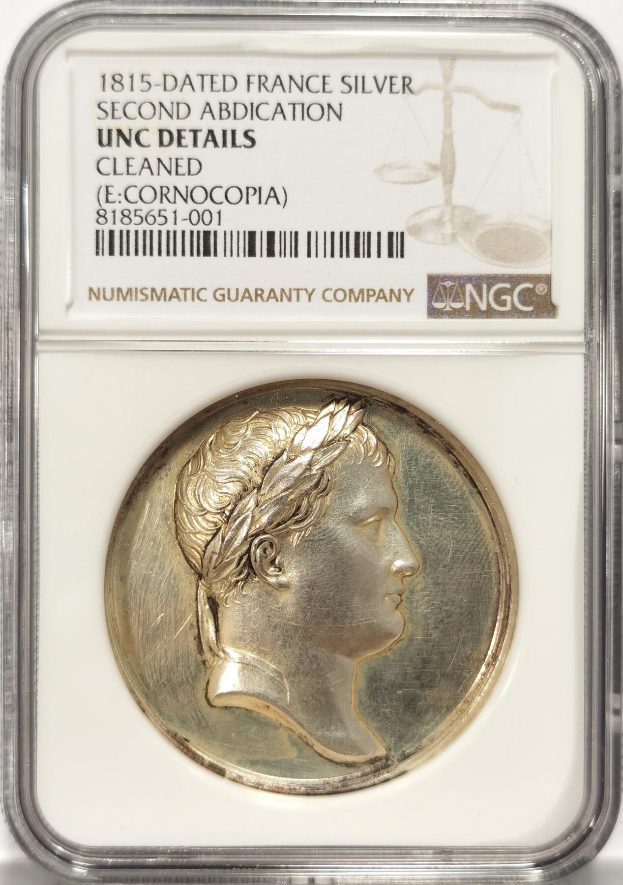 博洋堂世界钱币拍卖第087期（全场包邮） NGC UNCD 法国1815年拿破仑一世银章，19世纪后铸银章，极少见的品种，拿破仑全家纪念，拿破仑二世和公主，超高浮雕，雕刻细腻，非常少见漂亮