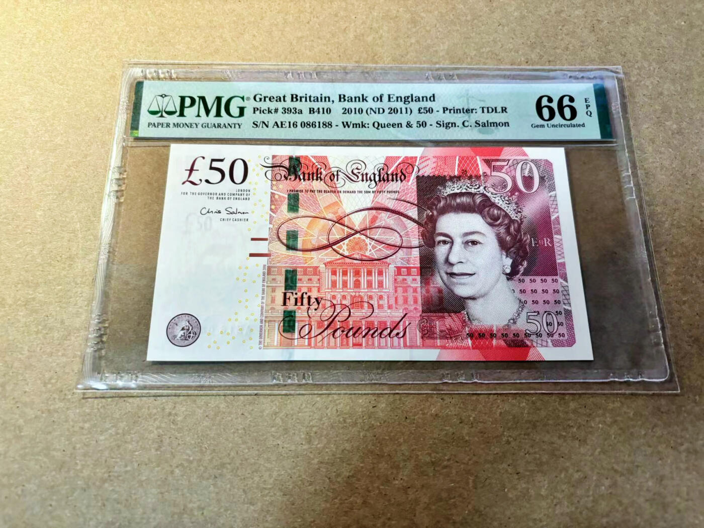 【Blue Auction】✨世界纸币精拍第524期【精】 【88尾倒置号】英国 2010年50镑 PMG66EPQ