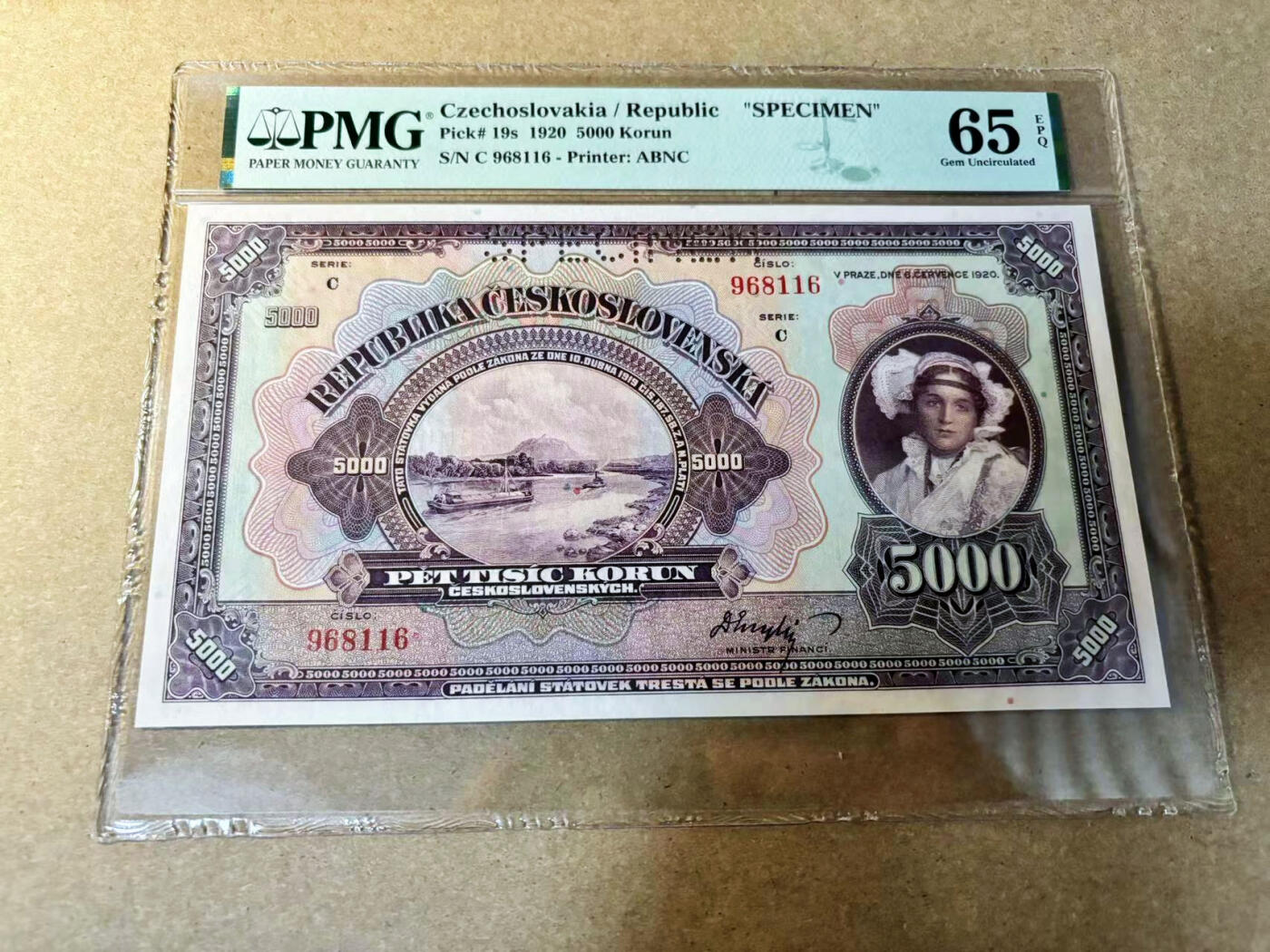 【Blue Auction】✨世界纸币精拍第524期【精】 捷斯 1920年5000克朗 大票幅 ABNC出品 雕刻精美 PMG65EPQ 