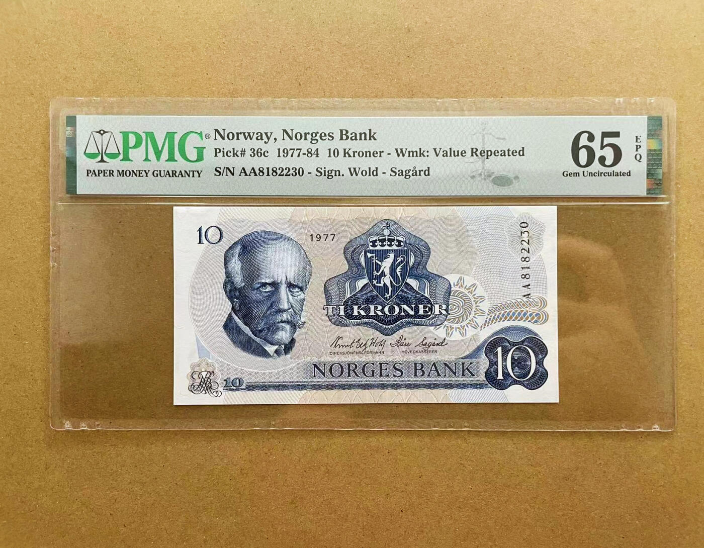 【Blue Auction】✨世界纸币精拍第524期【精】 【AA冠无47】挪威 1977年10克朗 PMG65EPQ （卖家发货）