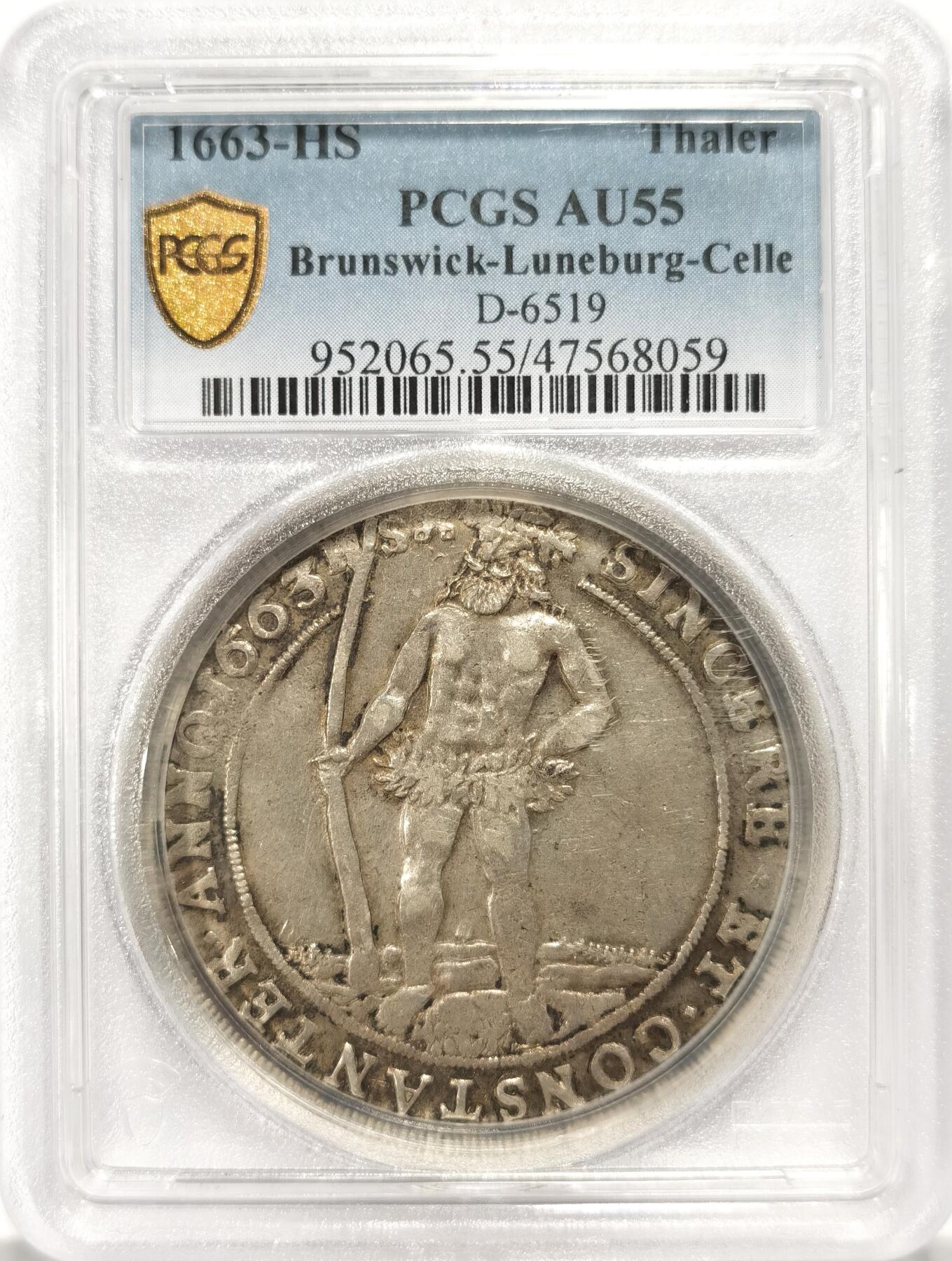 博洋堂世界钱币拍卖第087期（全场包邮） PCGS AU55 神罗布伦瑞克-吕内堡-策勒1663年野人老泰勒 评级榜冠军分! 只此一枚！